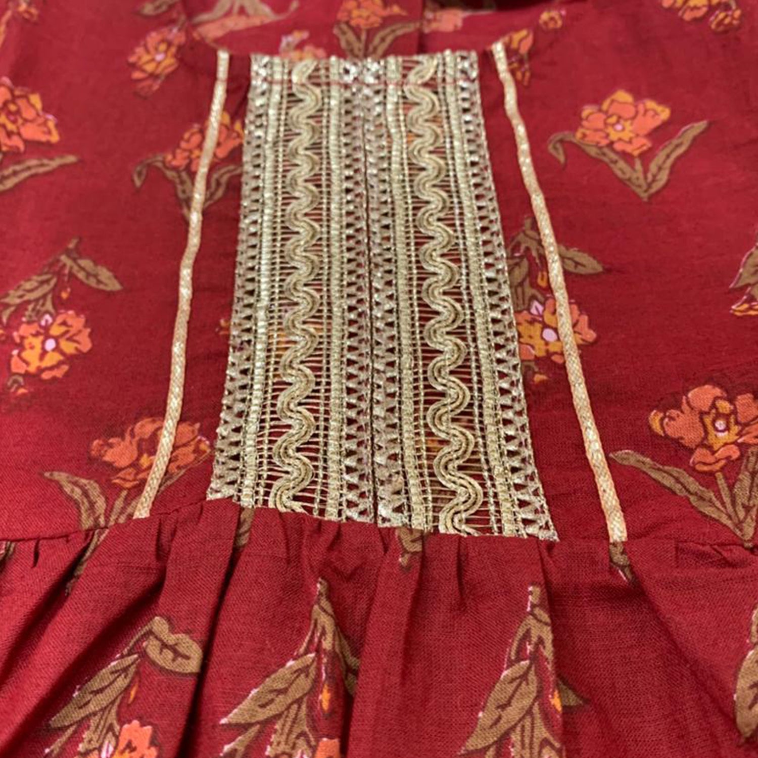 Baby Moo Floral Print Cotton Girls Two Piece Kurti Sharara Set - Red