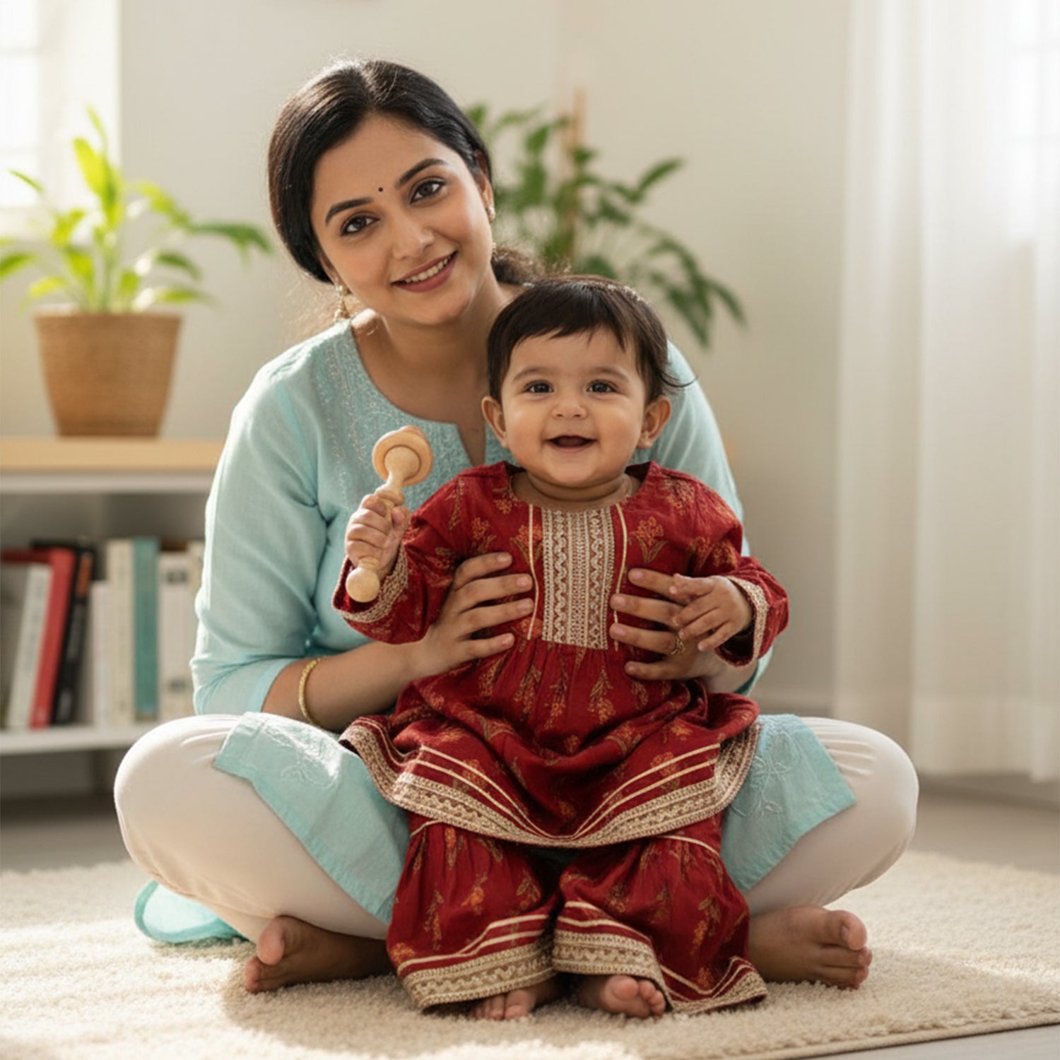 Baby Moo Floral Print Cotton Girls Two Piece Kurti Sharara Set - Red