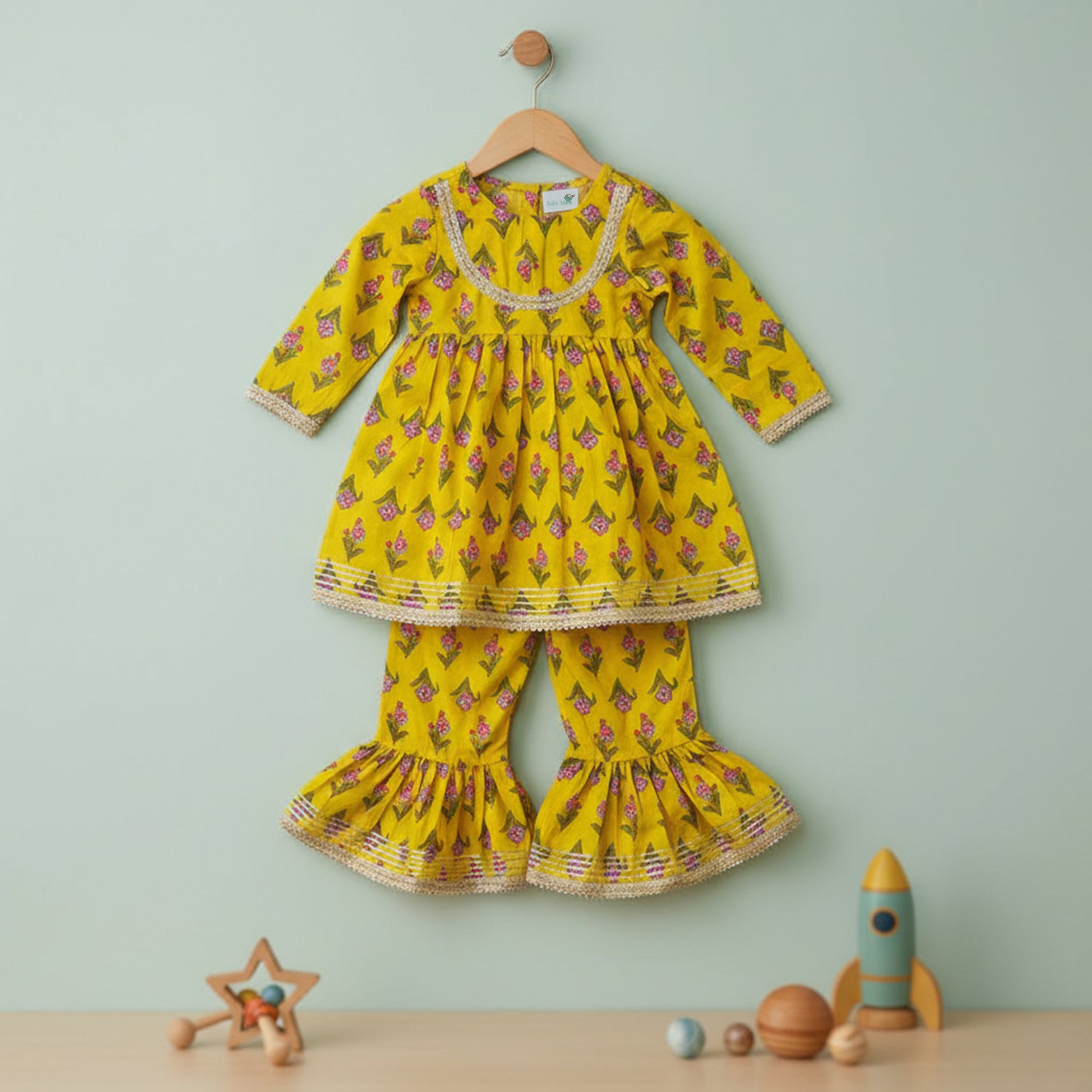 Baby Moo Floral Print Cotton Girls Two Piece Kurti Sharara Set - Lemon Yellow