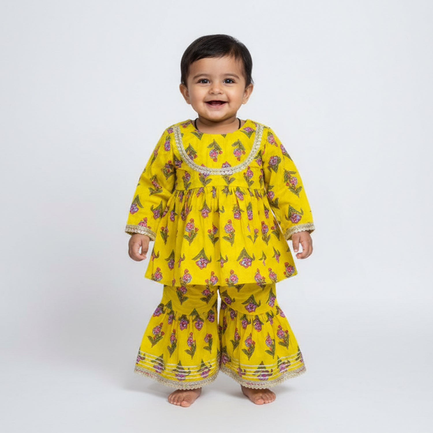 Baby Moo Floral Print Cotton Girls Two Piece Kurti Sharara Set - Lemon Yellow