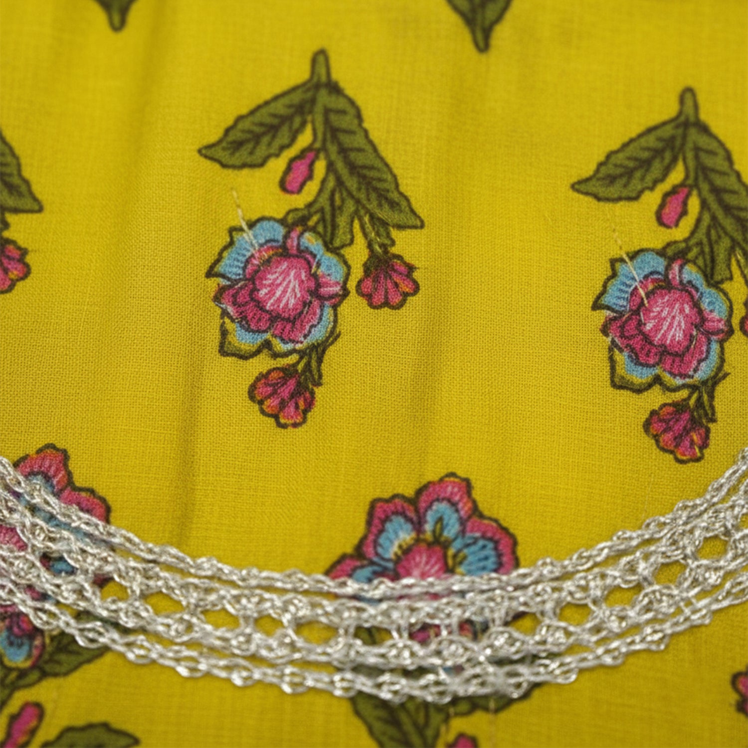 Baby Moo Floral Print Cotton Girls Two Piece Kurti Sharara Set - Lemon Yellow