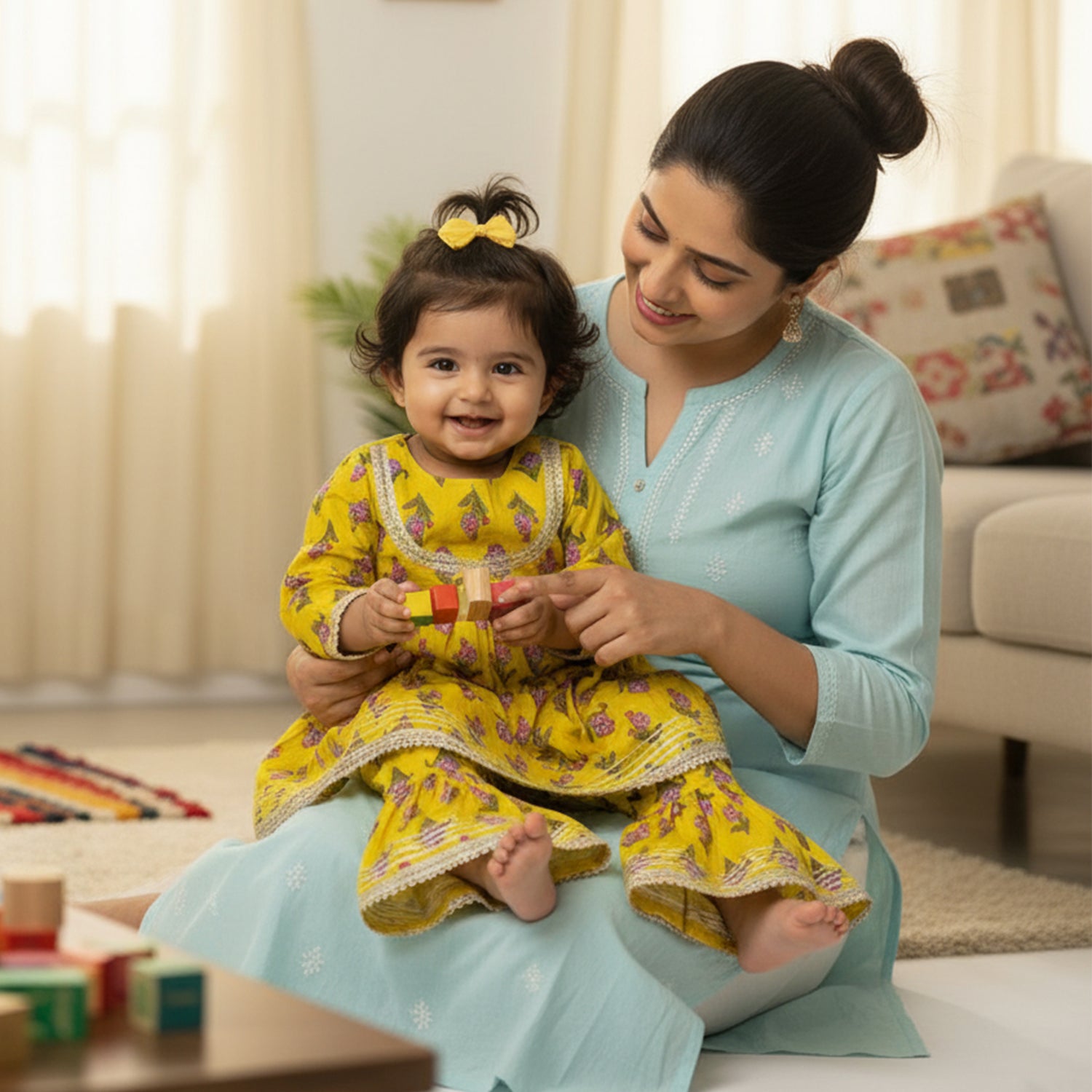 Baby Moo Floral Print Cotton Girls Two Piece Kurti Sharara Set - Lemon Yellow