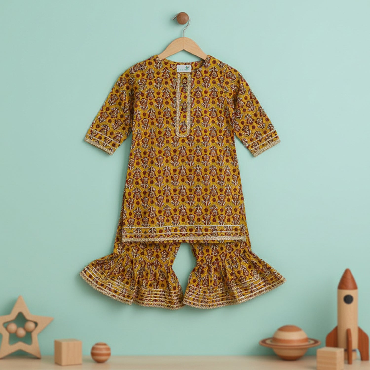 Baby Moo Sunflower Print Cotton Girls Two Piece Kurti Sharara Set - Mustard