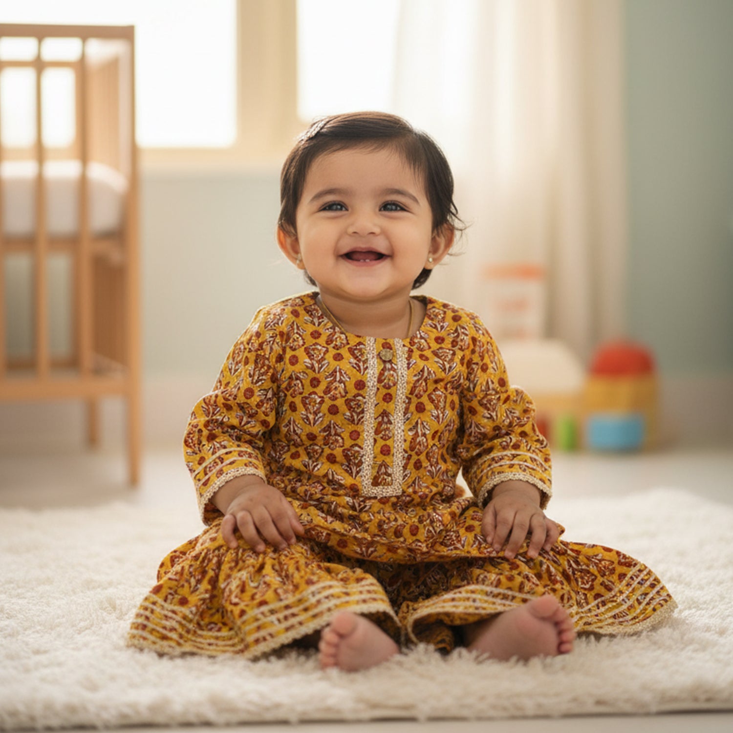 Baby Moo Sunflower Print Cotton Girls Two Piece Kurti Sharara Set - Mustard