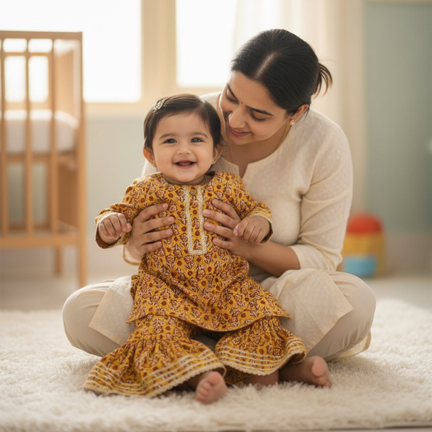 Baby Moo Sunflower Print Cotton Girls Two Piece Kurti Sharara Set - Mustard