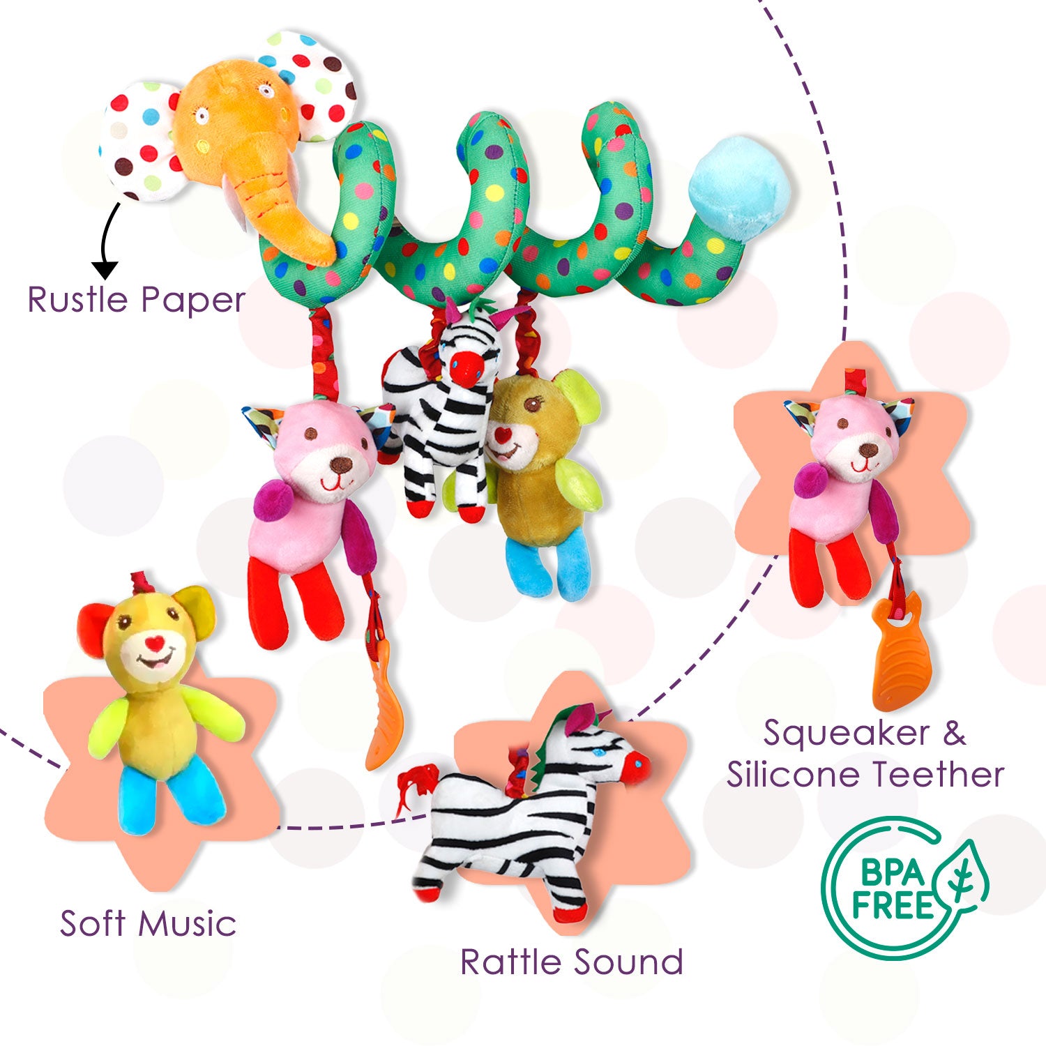 Baby Moo Jungle Safari Squeaker And Teething Musical Crib Spiral Toy - Green