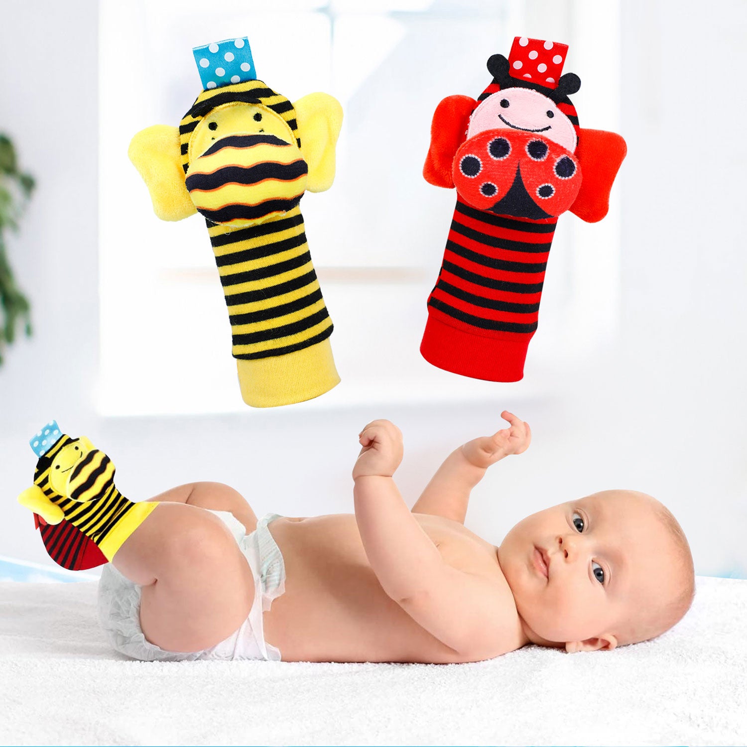 Baby Moo Buzzing Bee And Ladybug Striped Set of 2 Socks Rattle - Red, Yellow