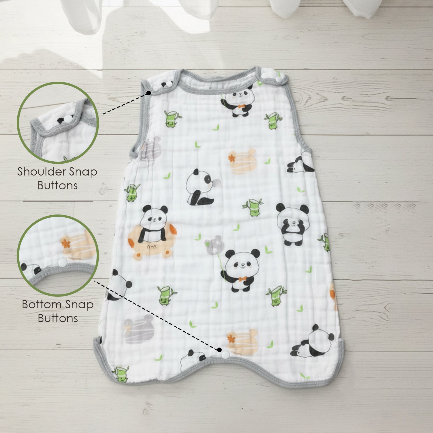 Baby Moo Panda 6 Layer Snap Button Muslin Sleeping Bag / Wearable Blanket / Sleep Sack - White
