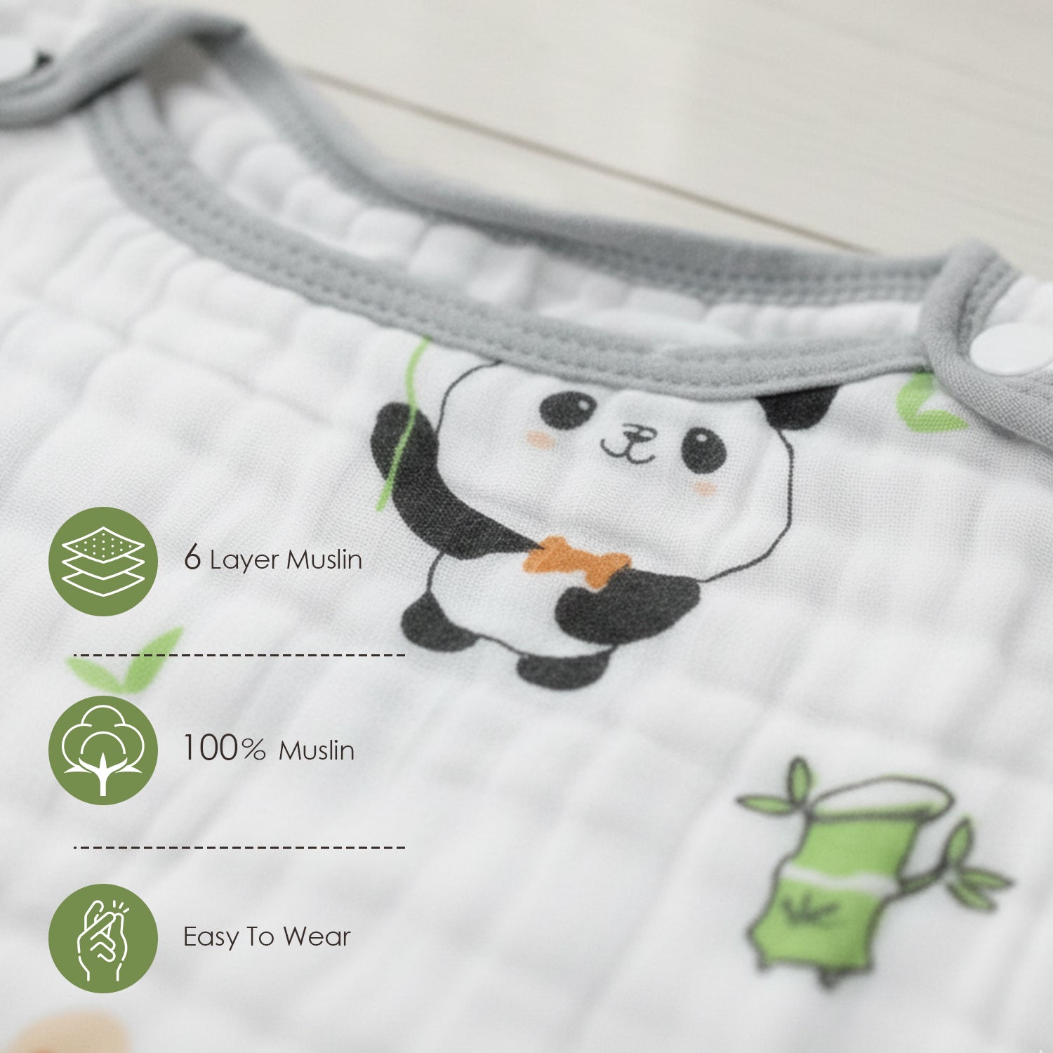 Baby Moo Panda 6 Layer Snap Button Muslin Sleeping Bag / Wearable Blanket / Sleep Sack - White