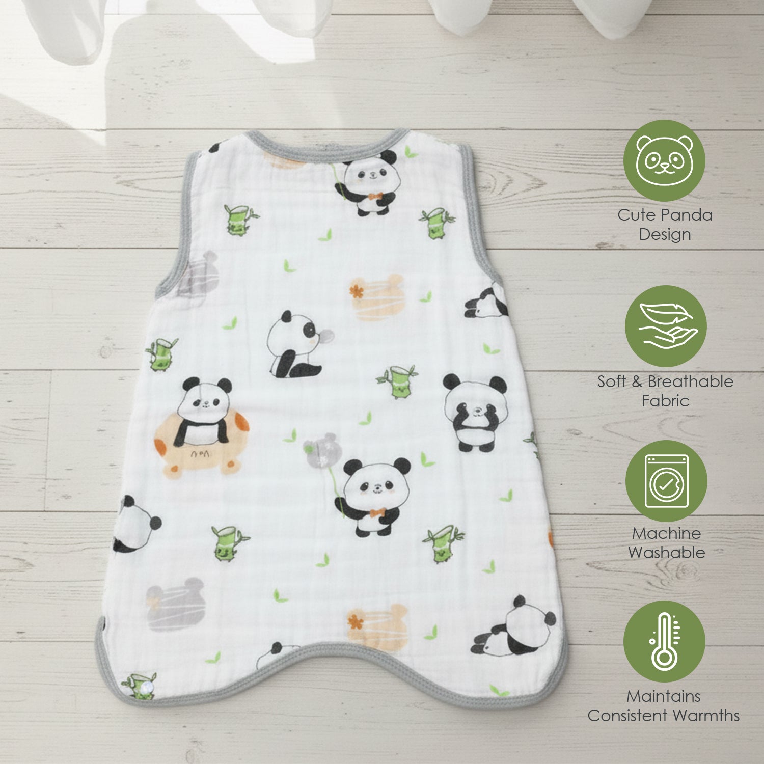 Baby Moo Panda 6 Layer Snap Button Muslin Sleeping Bag / Wearable Blanket / Sleep Sack - White