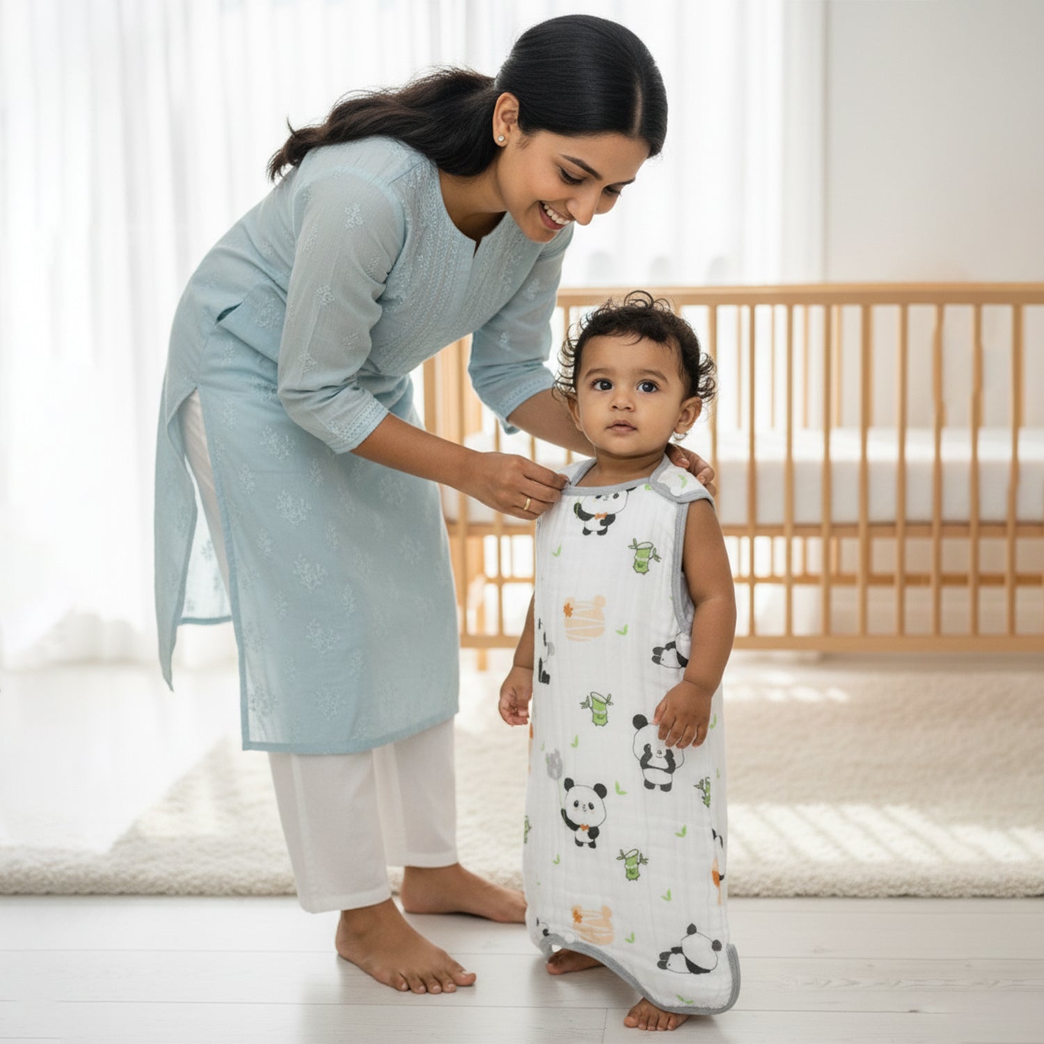 Baby Moo Panda 6 Layer Snap Button Muslin Sleeping Bag / Wearable Blanket / Sleep Sack - White