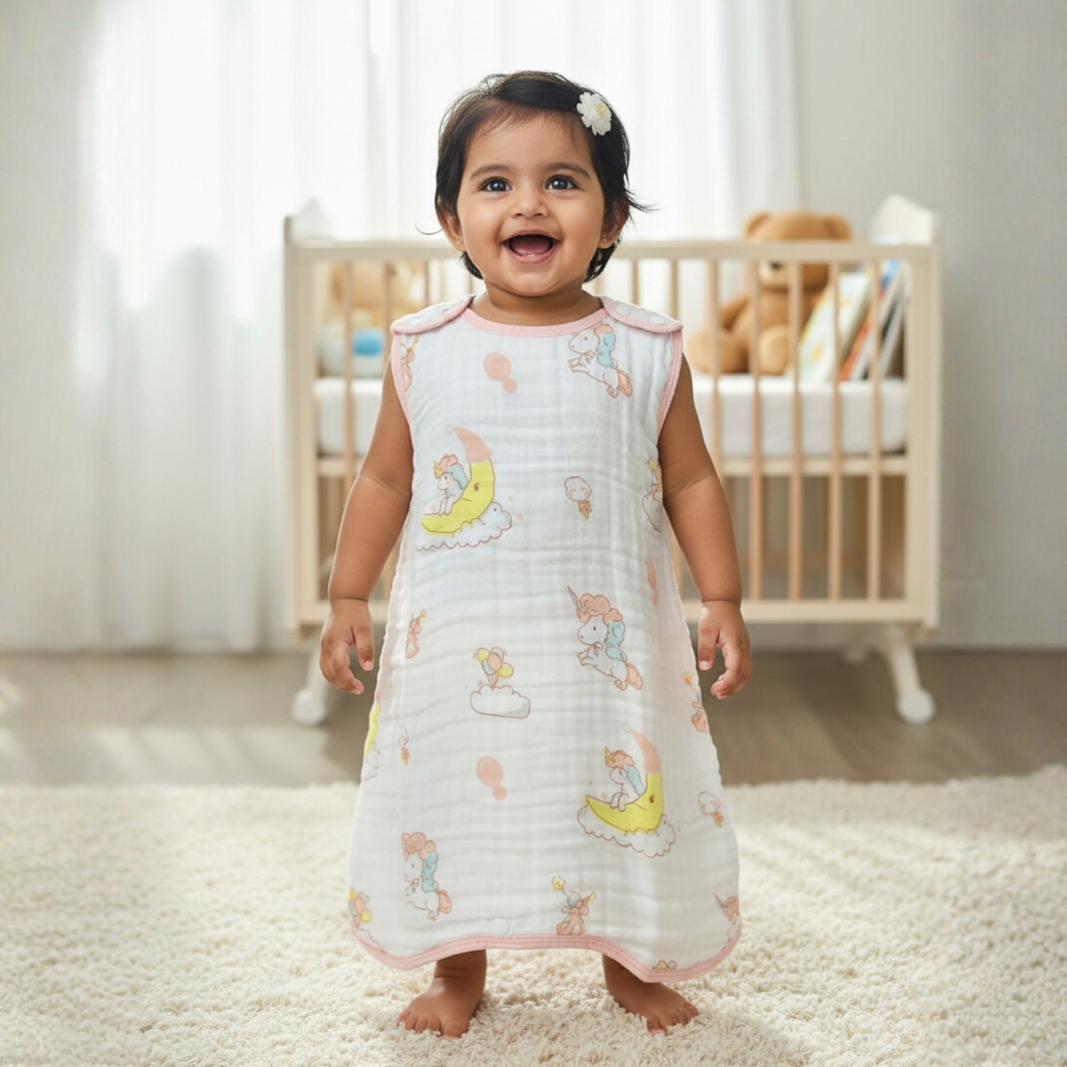 Baby Moo Unicorn 6 Layer Snap Button Muslin Sleeping Bag / Wearable Blanket / Sleep Sack - White