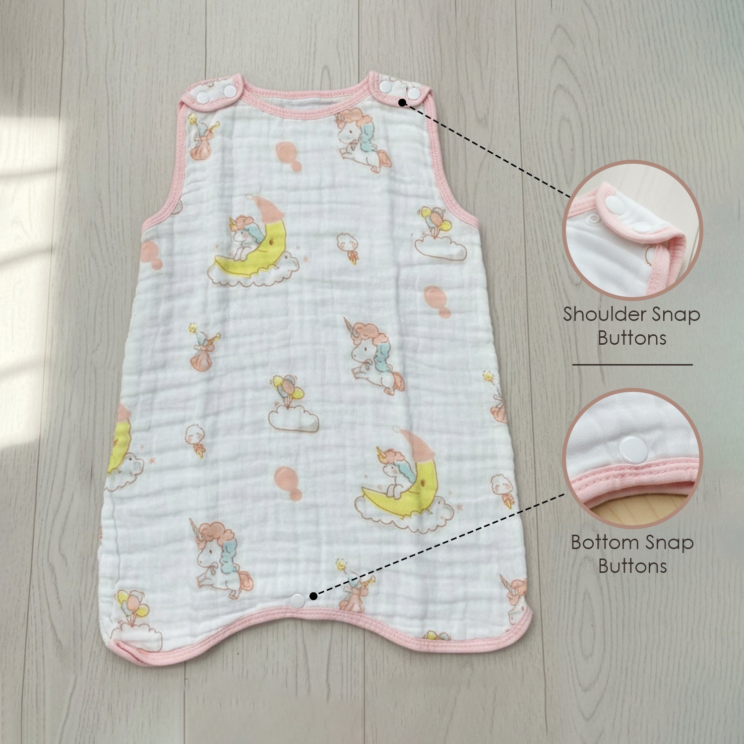 Baby Moo Unicorn 6 Layer Snap Button Muslin Sleeping Bag / Wearable Blanket / Sleep Sack - White