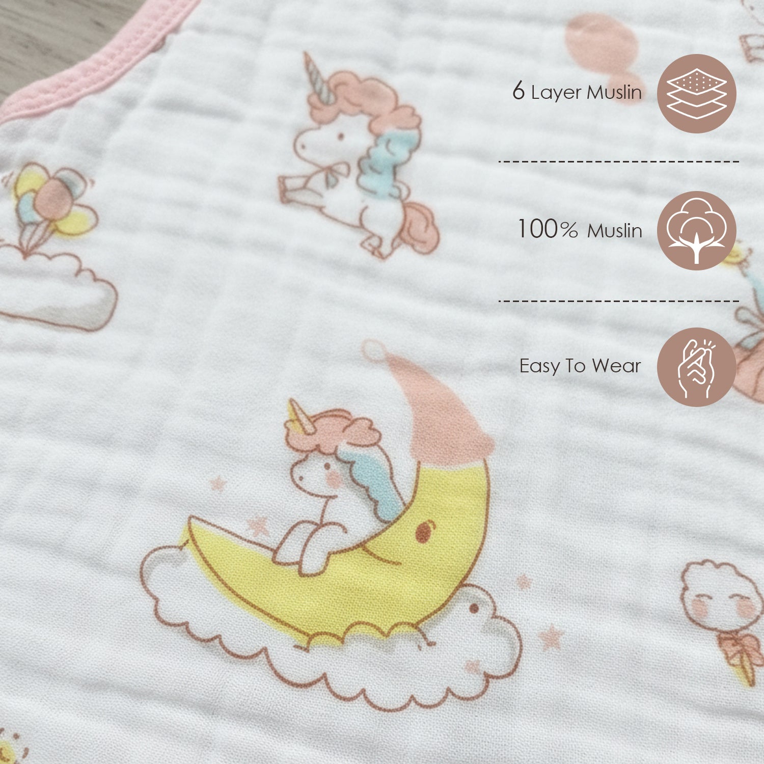 Baby Moo Unicorn 6 Layer Snap Button Muslin Sleeping Bag / Wearable Blanket / Sleep Sack - White