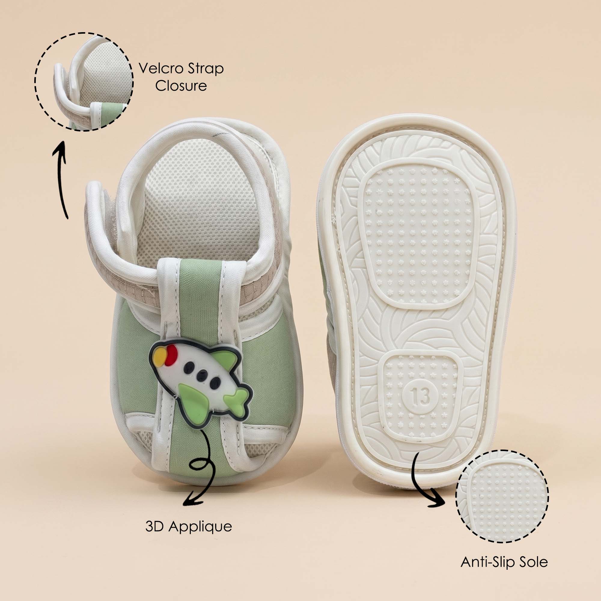 Baby Moo Aeroplane Velcro Strap Anti-Skid Closed Toe Sandal Booties-Green