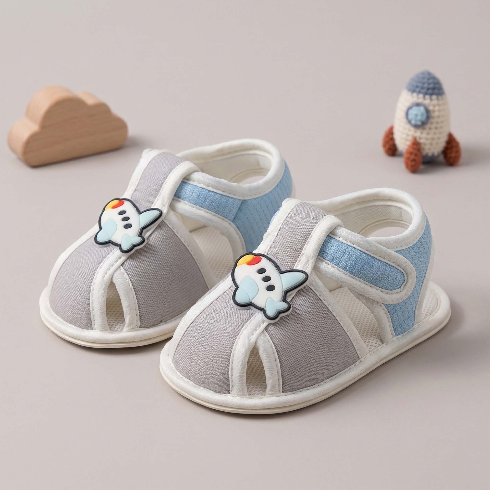 Baby Moo Aeroplane Velcro Strap Anti-Skid Closed Toe Sandal Booties-Grey