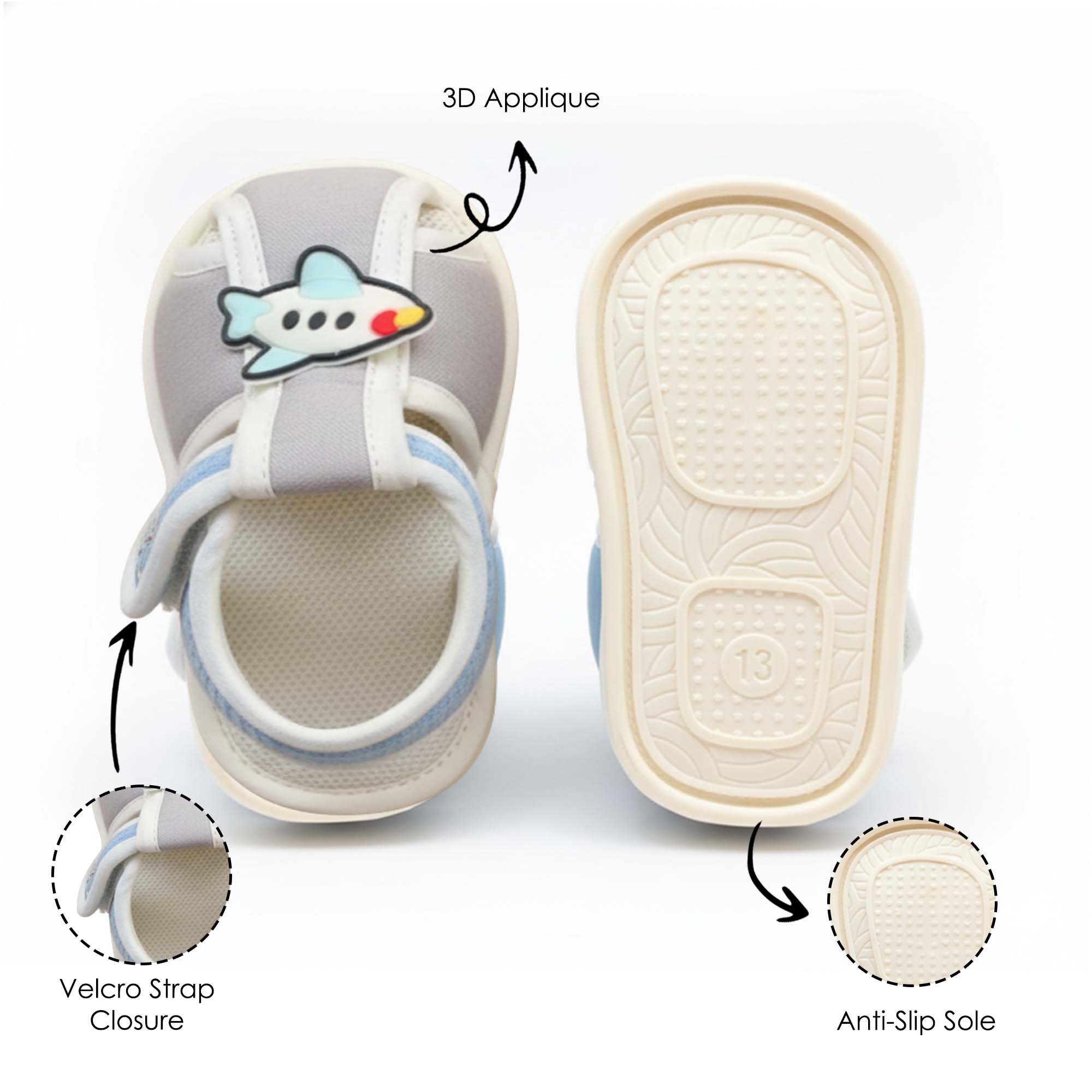 Baby Moo Aeroplane Velcro Strap Anti-Skid Closed Toe Sandal Booties-Grey