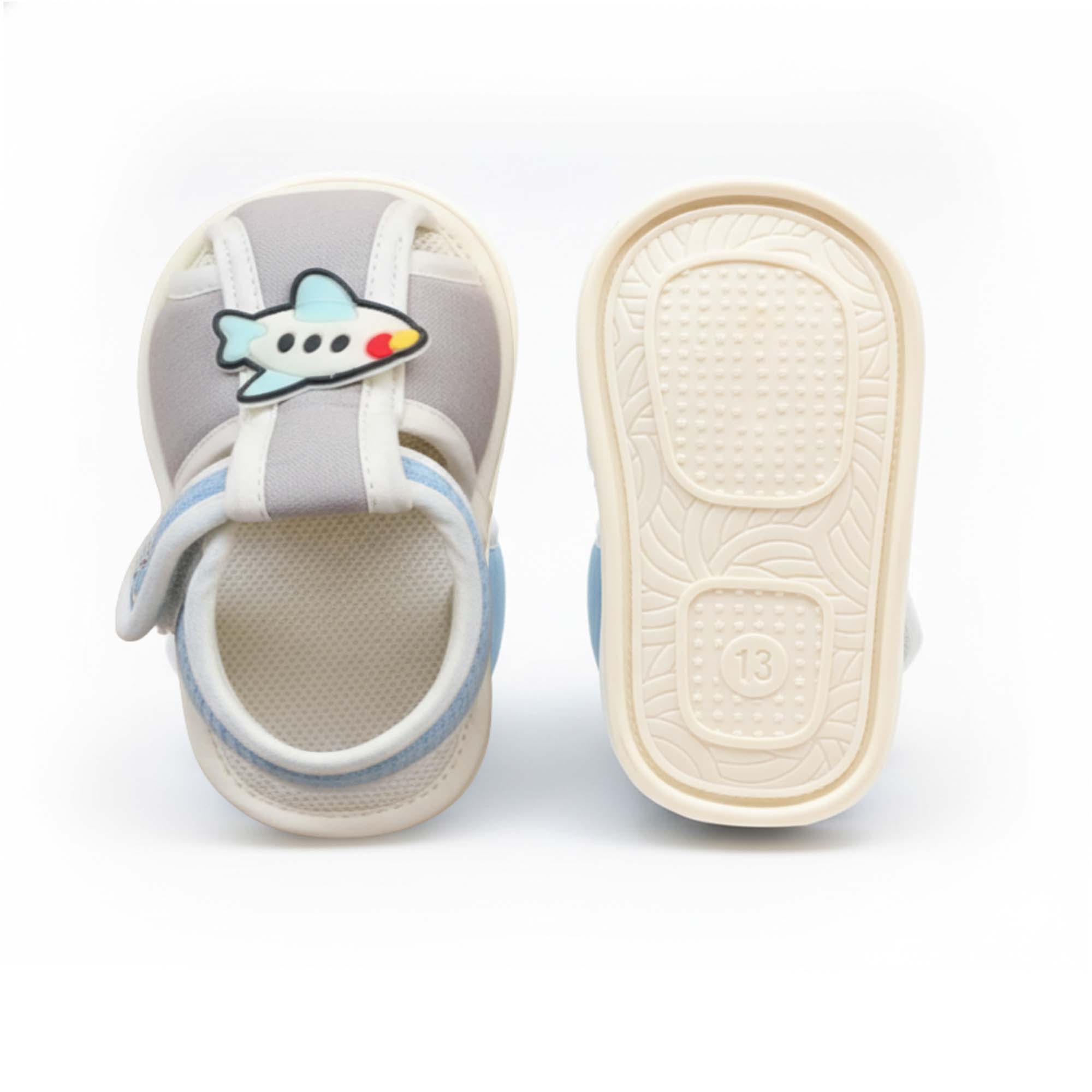 Baby Moo Aeroplane Velcro Strap Anti-Skid Closed Toe Sandal Booties-Grey