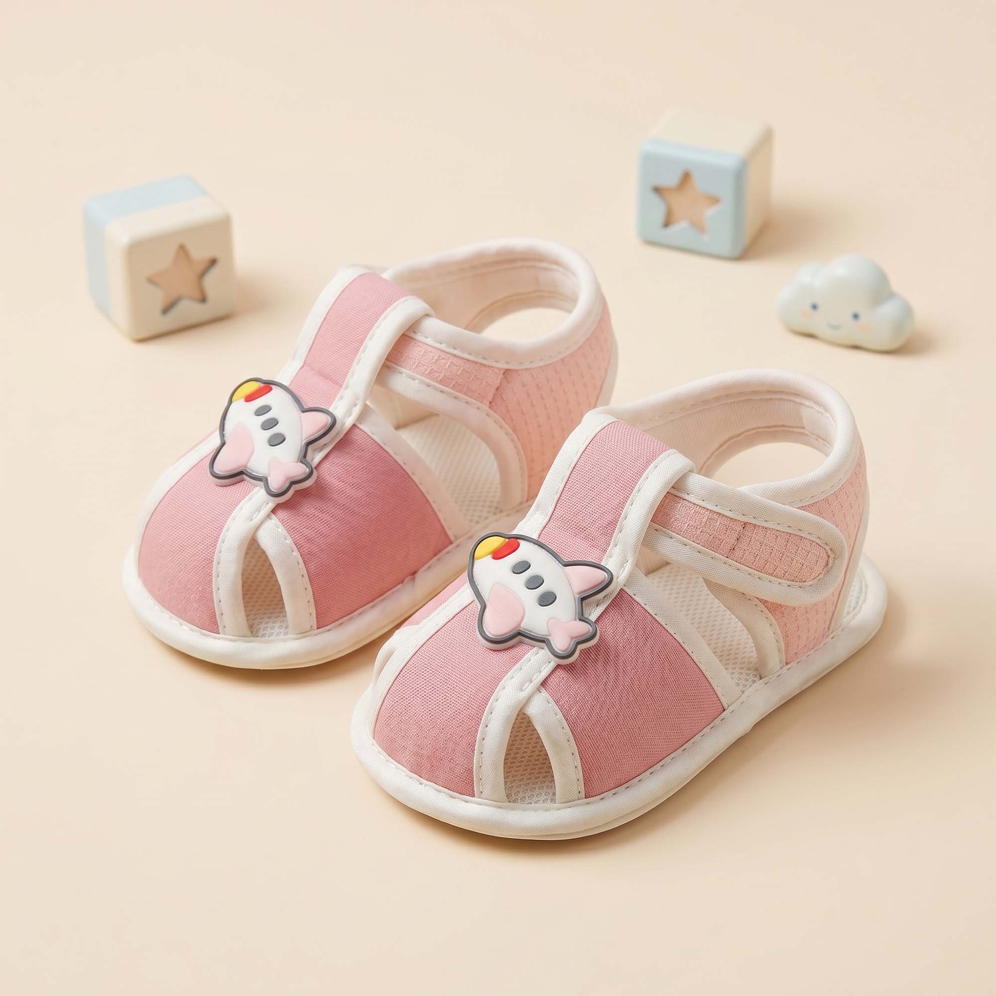 Baby Moo Aeroplane Velcro Strap Anti-Skid Closed Toe Sandal Booties-Pink