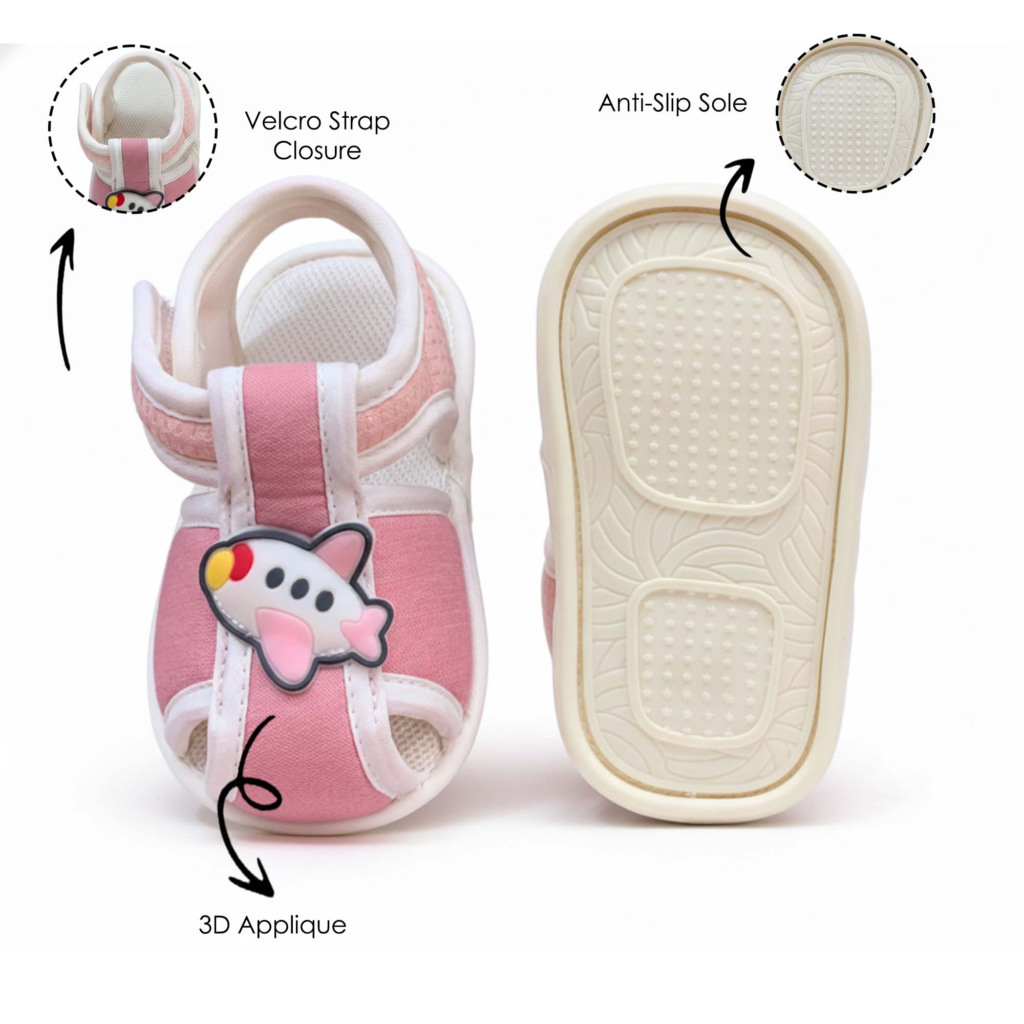 Baby Moo Aeroplane Velcro Strap Anti-Skid Closed Toe Sandal Booties-Pink