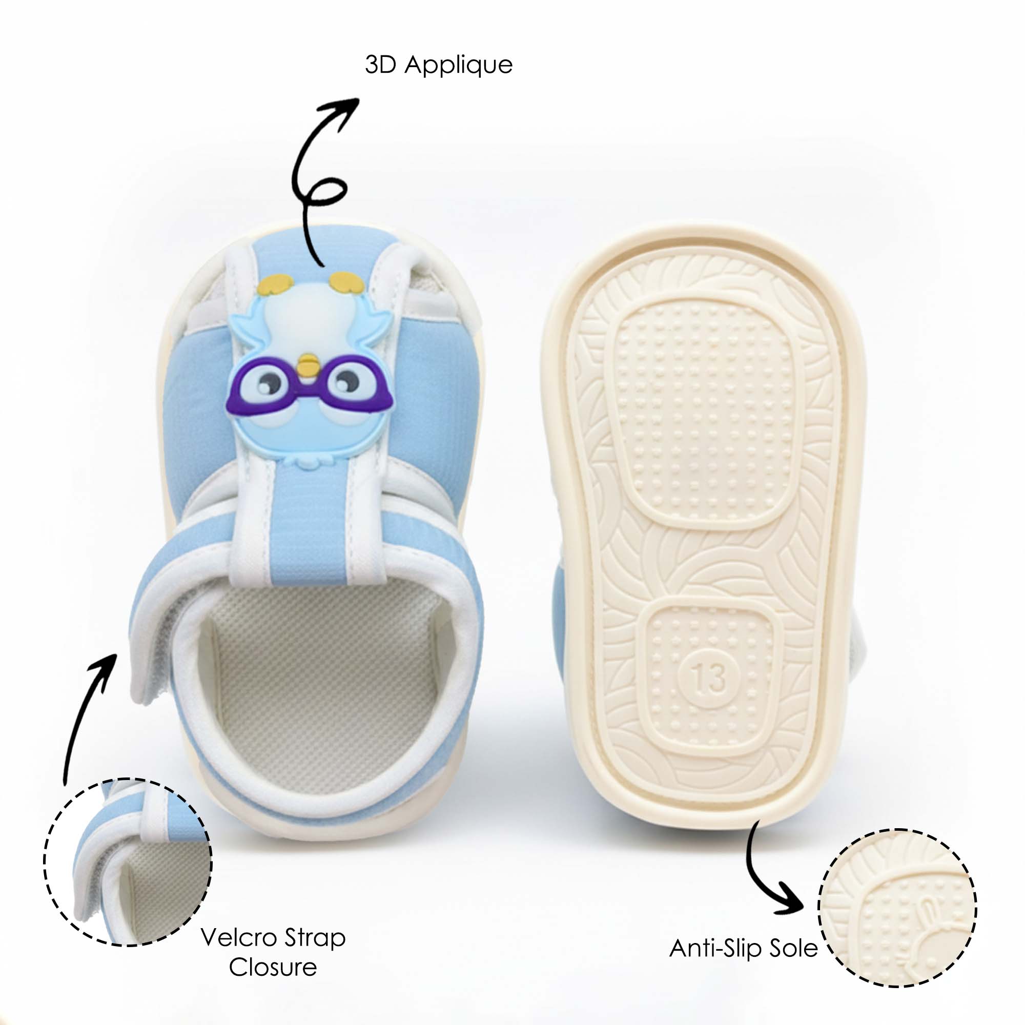 Baby Moo Chick with Glasses Velcro Strap Anti-Skid Closed Toe Sandal Booties-Blue