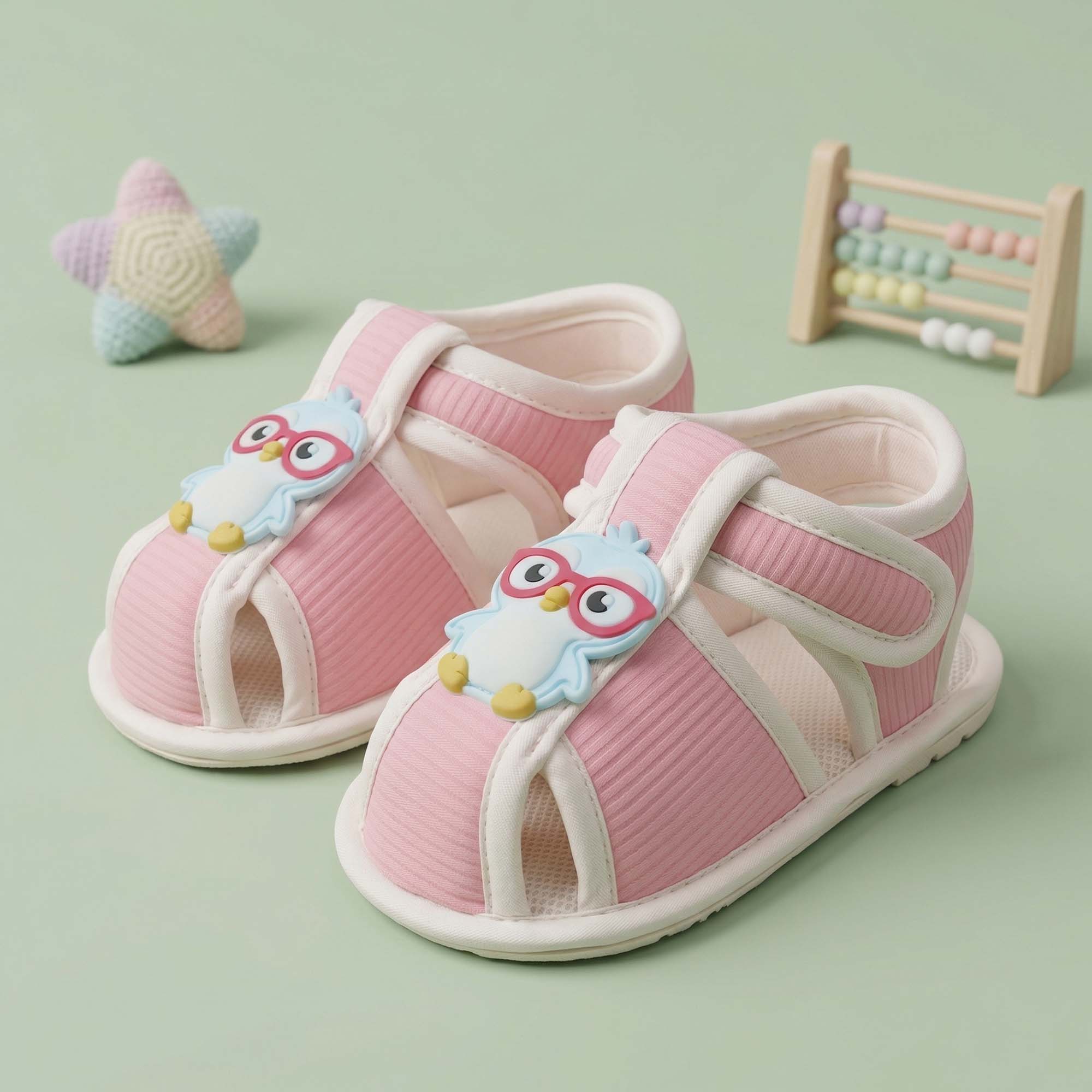 Baby Moo Chick with Glasses Velcro Strap Anti-Skid Closed Toe Sandal Booties-Pink