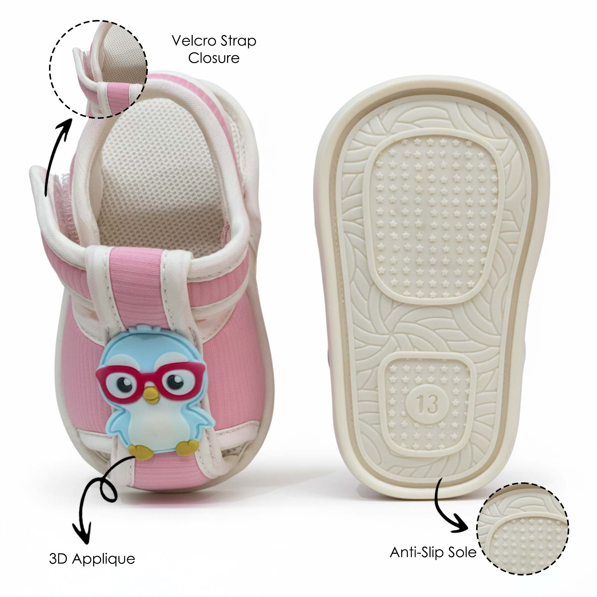 Baby Moo Chick with Glasses Velcro Strap Anti-Skid Closed Toe Sandal Booties-Pink