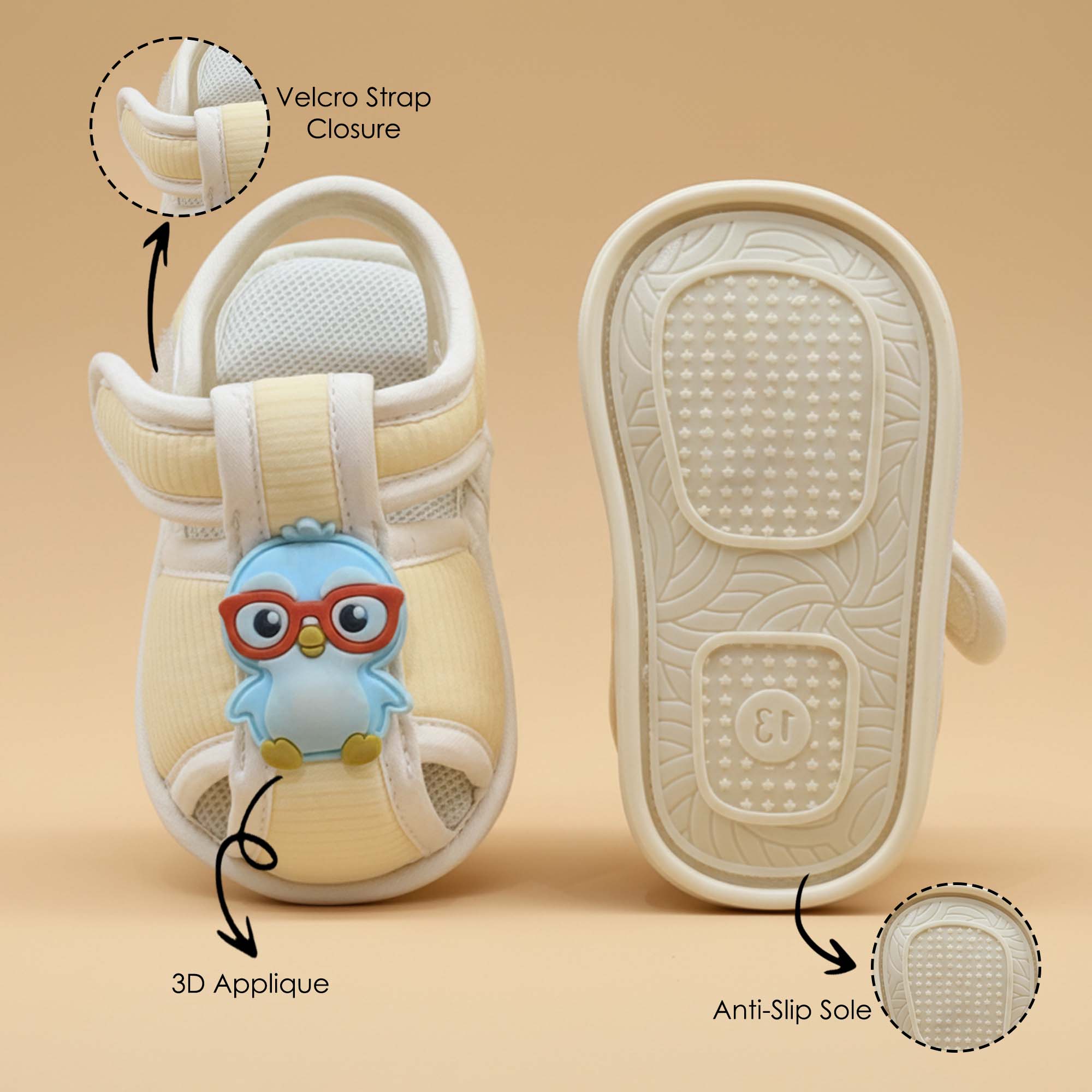 Baby Moo Chick with Glasses Velcro Strap Anti-Skid Closed Toe Sandal Booties-Yellow