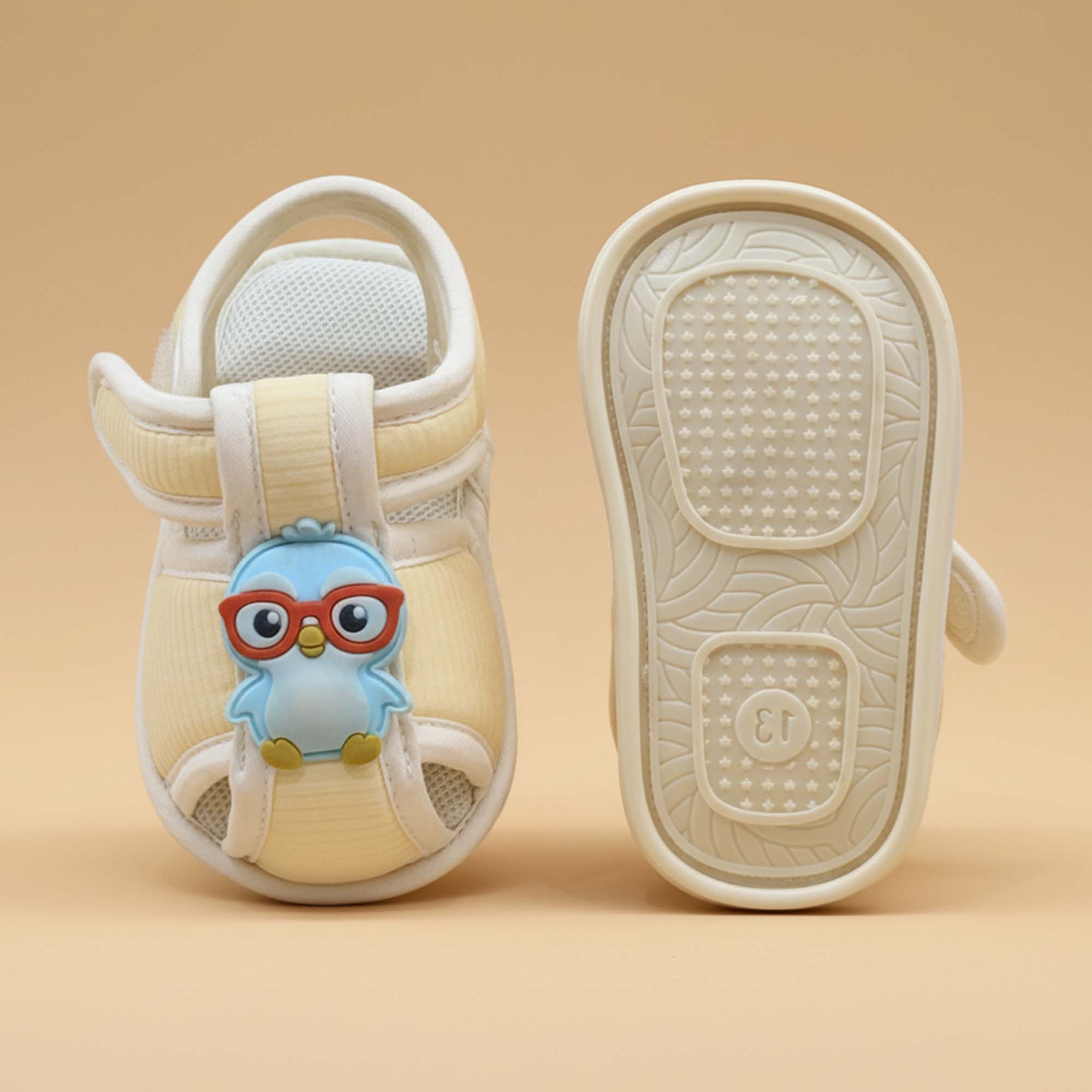 Baby Moo Chick with Glasses Velcro Strap Anti-Skid Closed Toe Sandal Booties-Yellow
