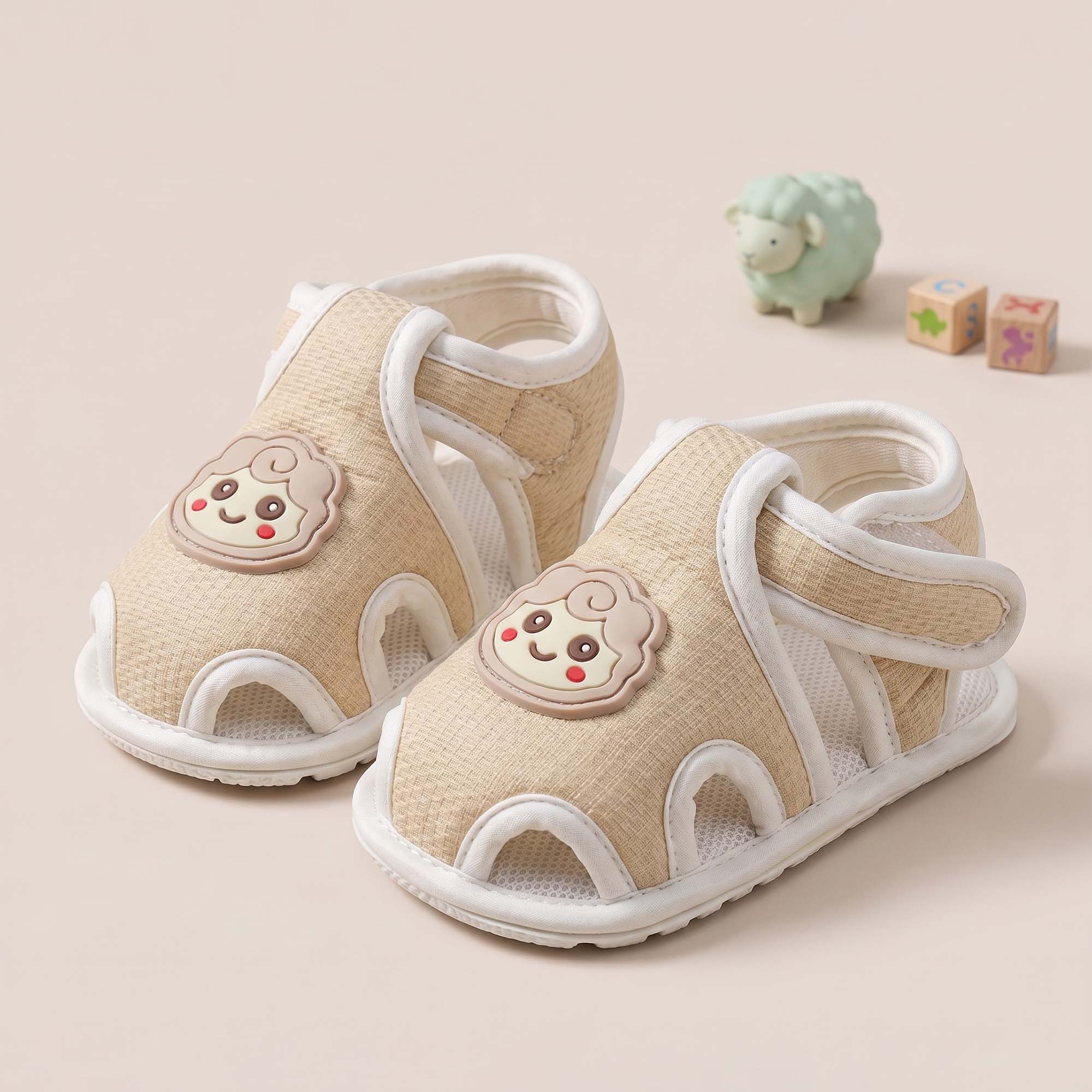 Baby Moo Lamb Velcro Strap Anti-Skid Closed Toe Sandal Booties-Beige