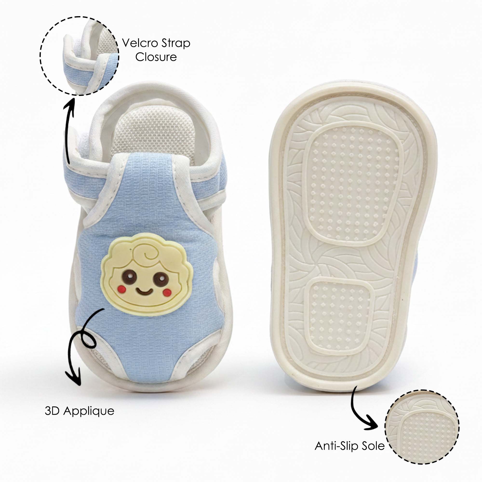Baby Moo Lamb Velcro Strap Anti-Skid Closed Toe Sandal Booties-Blue