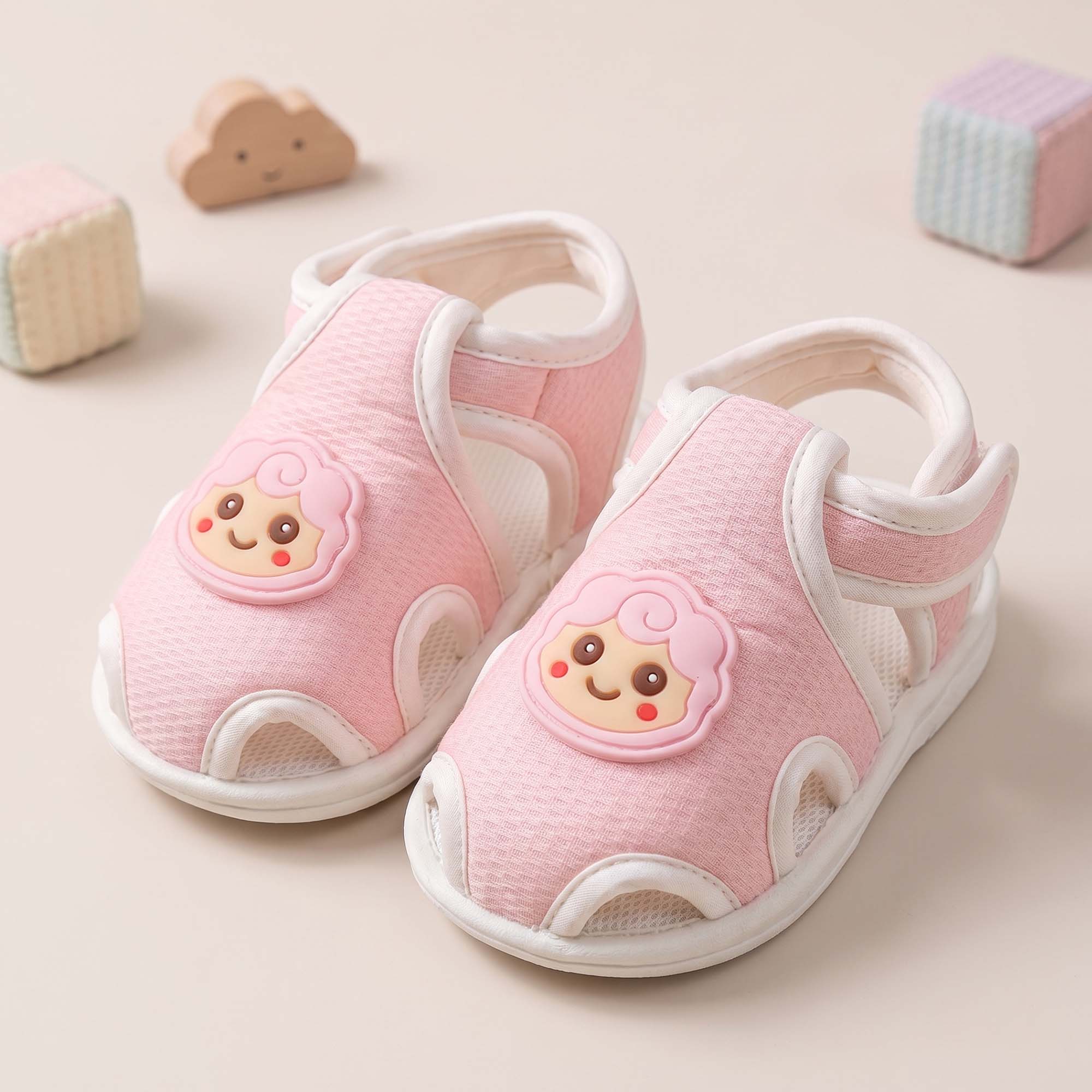Baby Moo Lamb Velcro Strap Anti-Skid Closed Toe Sandal Booties-Pink