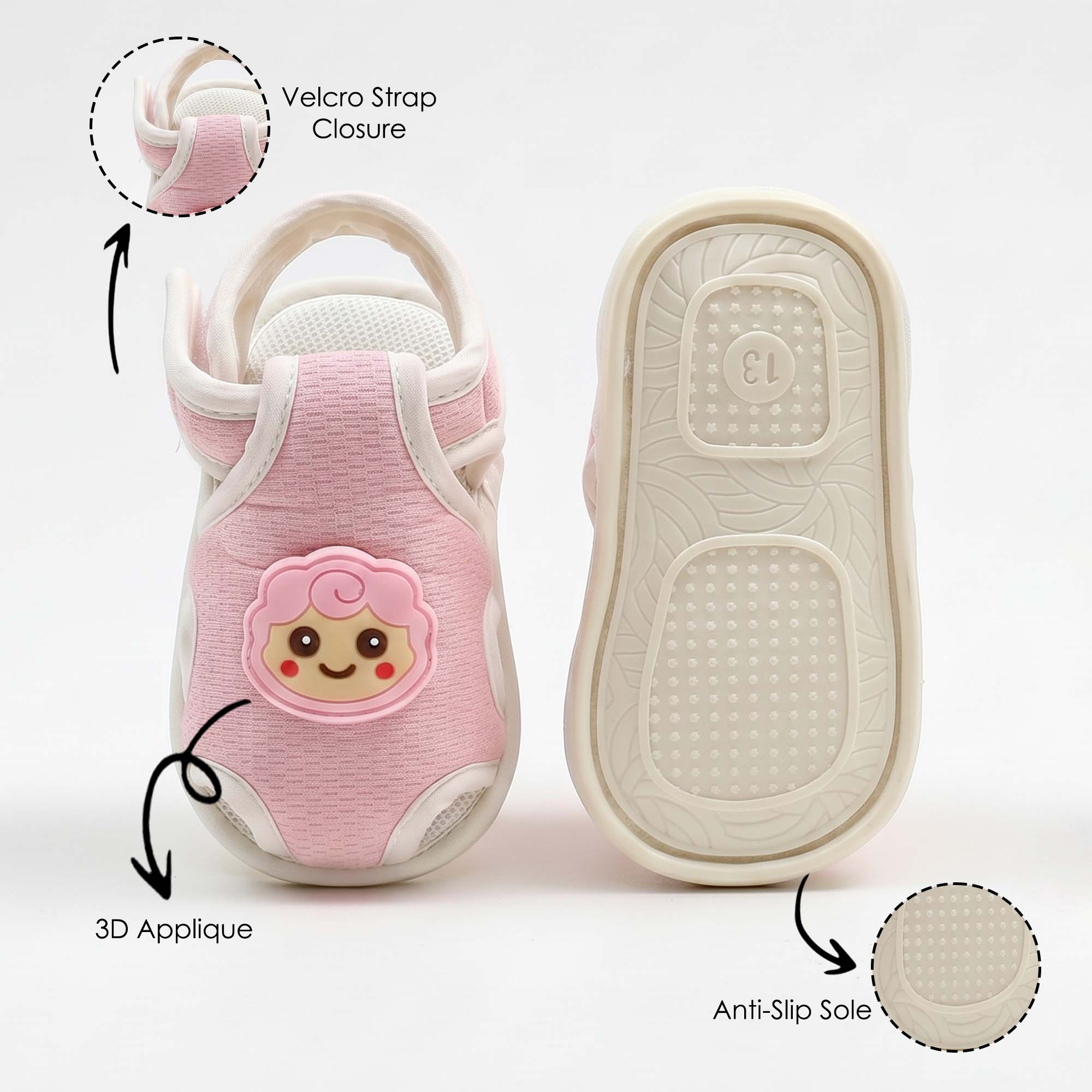 Baby Moo Lamb Velcro Strap Anti-Skid Closed Toe Sandal Booties-Pink