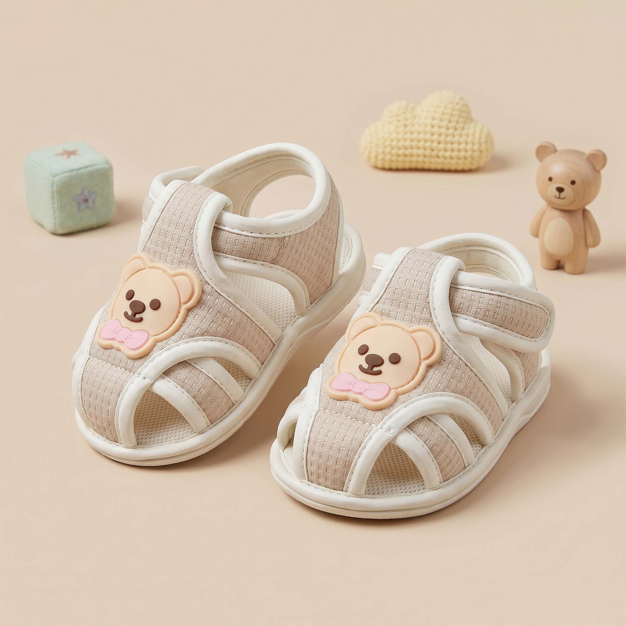 Baby Moo Teddy Velcro Strap Anti-Skid Closed Toe Sandal Booties-Beige