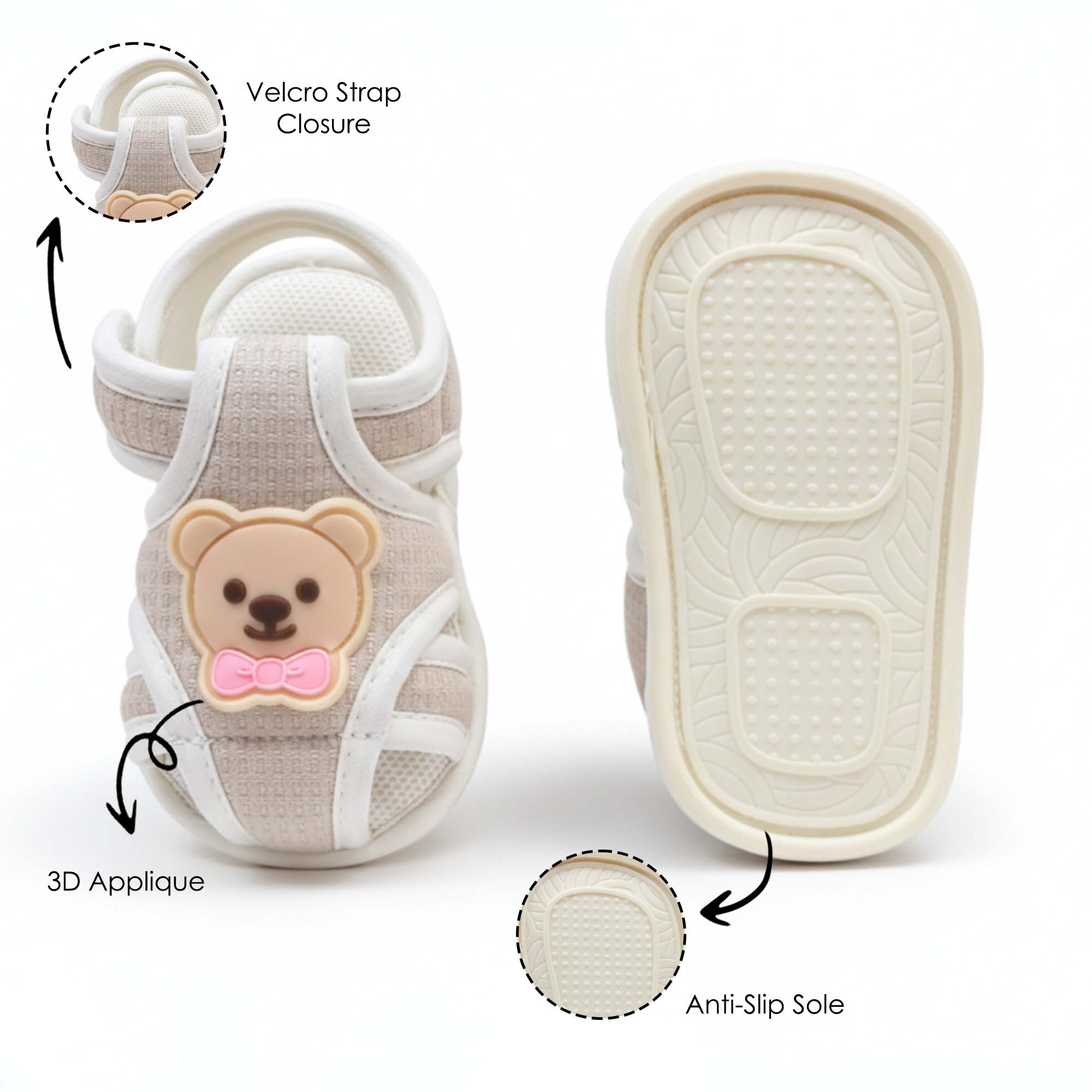 Baby Moo Teddy Velcro Strap Anti-Skid Closed Toe Sandal Booties-Beige