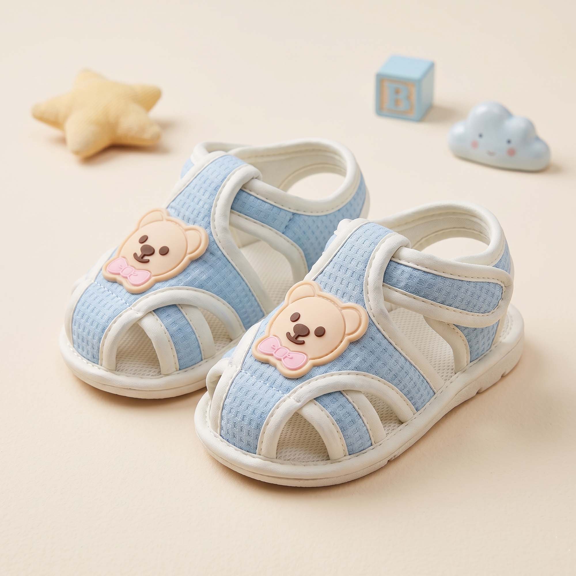 Baby Moo Teddy Velcro Strap Anti-Skid Closed Toe Sandal Booties-Blue