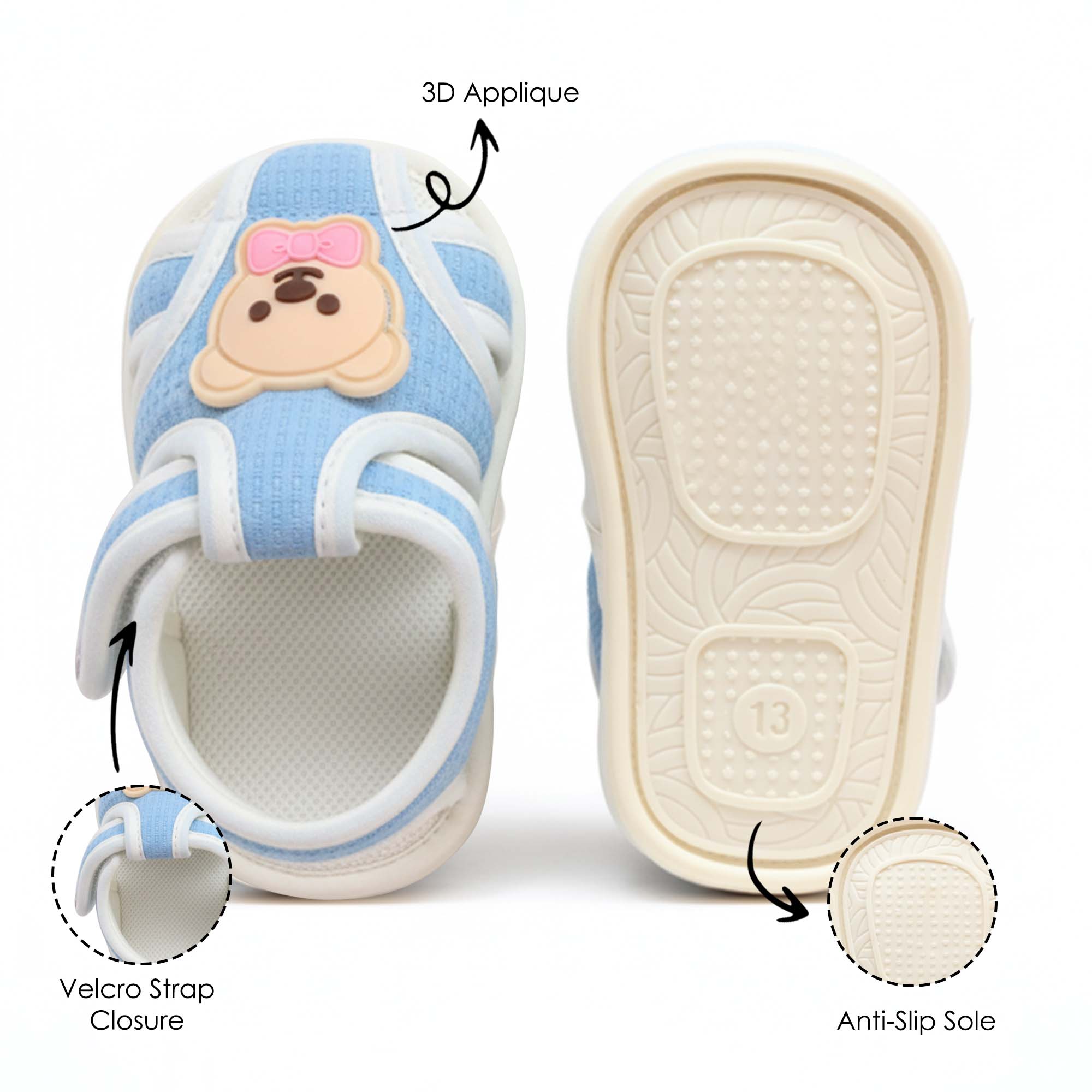 Baby Moo Teddy Velcro Strap Anti-Skid Closed Toe Sandal Booties-Blue