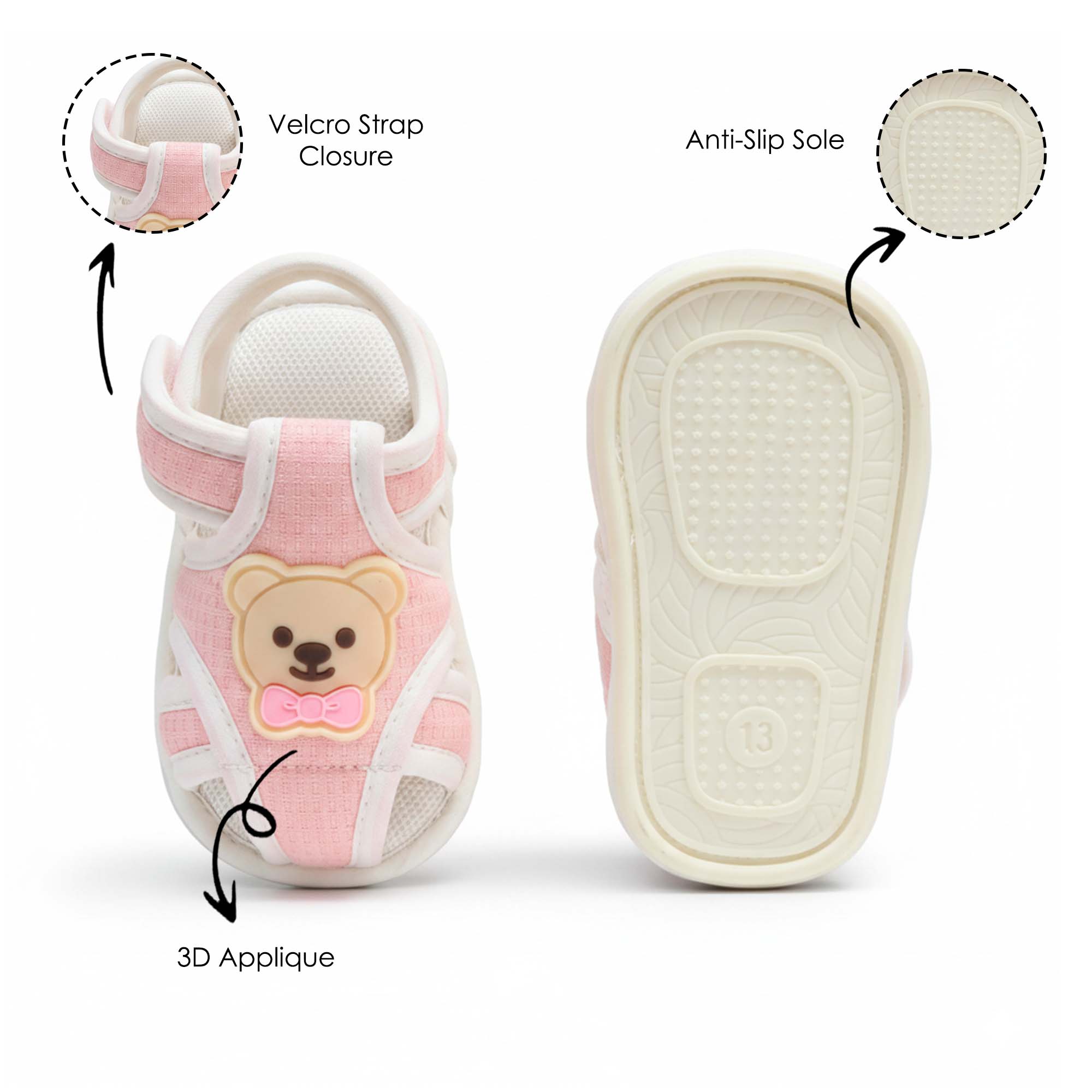 Baby Moo Teddy Velcro Strap Anti-Skid Closed Toe Sandal Booties-Pink