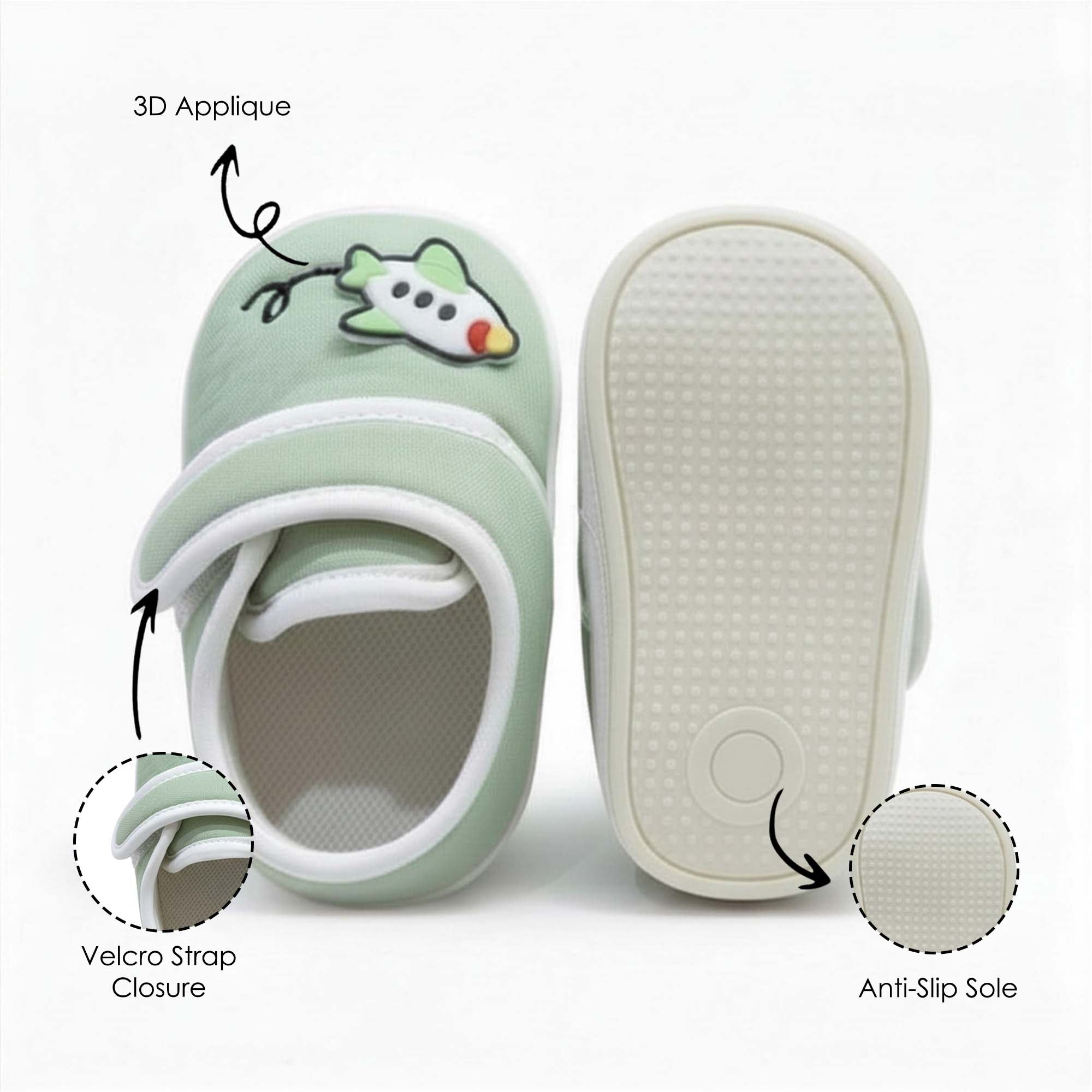 Baby Moo Aeroplane Velcro Strap Anti-Skid Sneakers Booties-Green