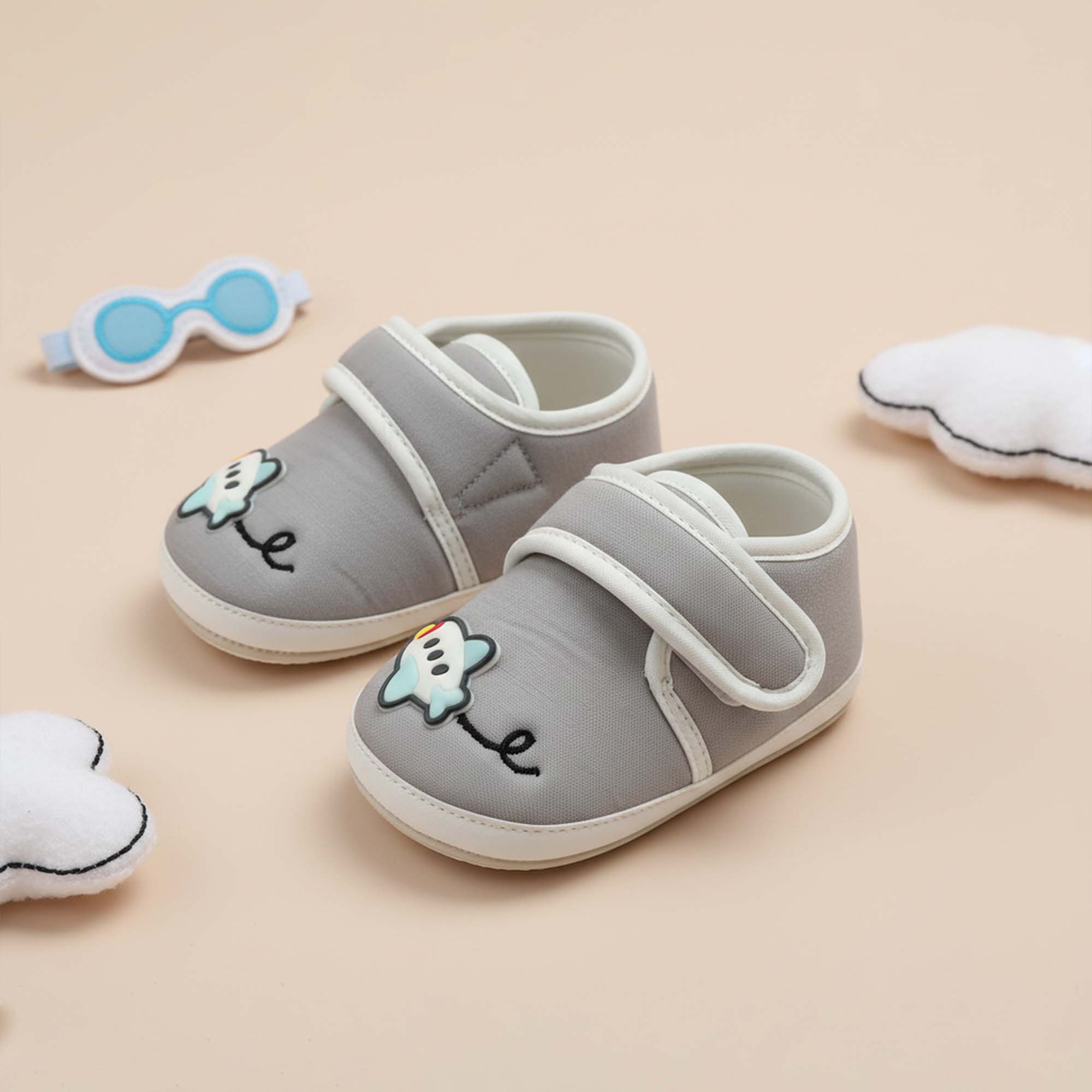 Baby Moo Aeroplane Velcro Strap Anti-Skid Sneakers Booties-Grey