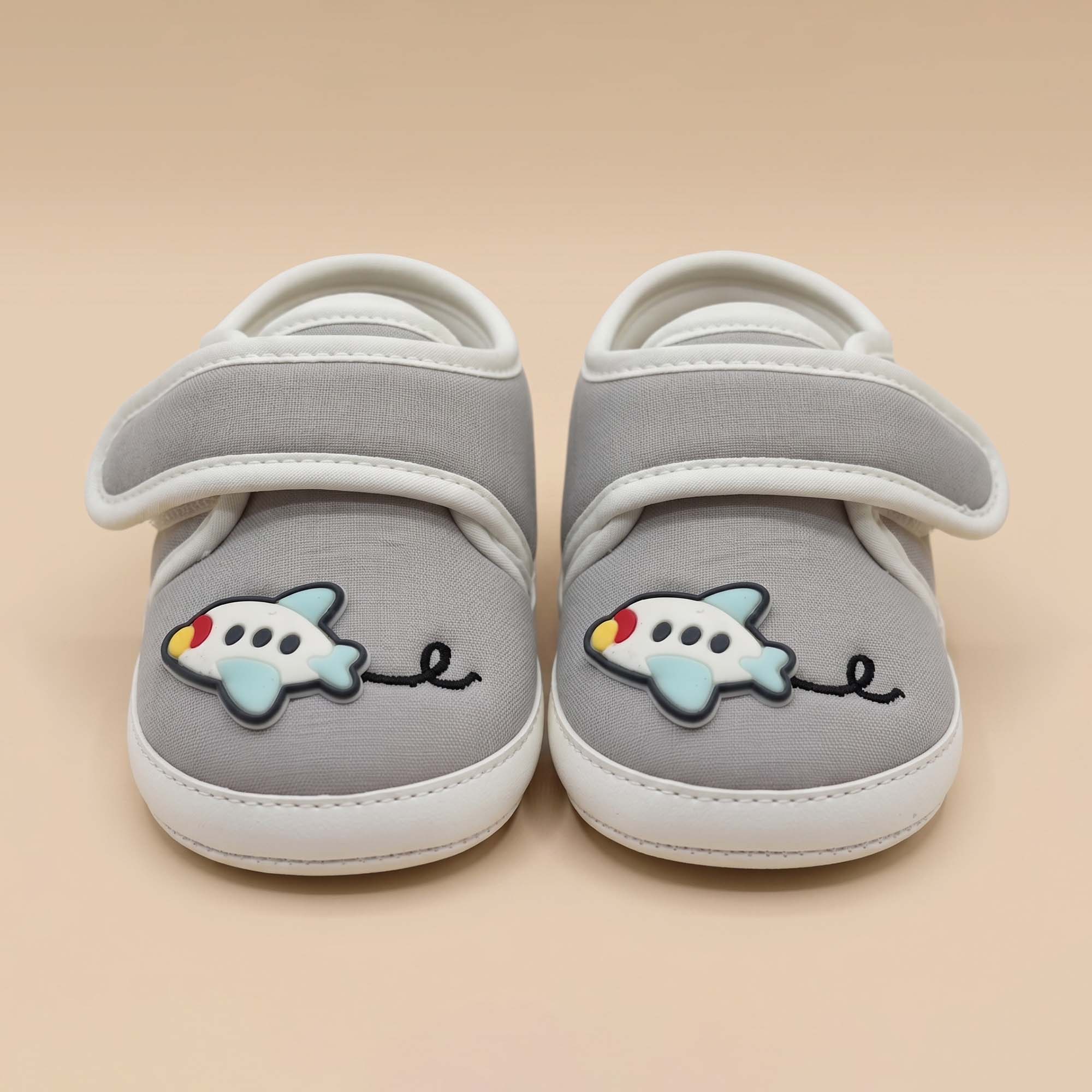 Baby Moo Aeroplane Velcro Strap Anti-Skid Sneakers Booties-Grey