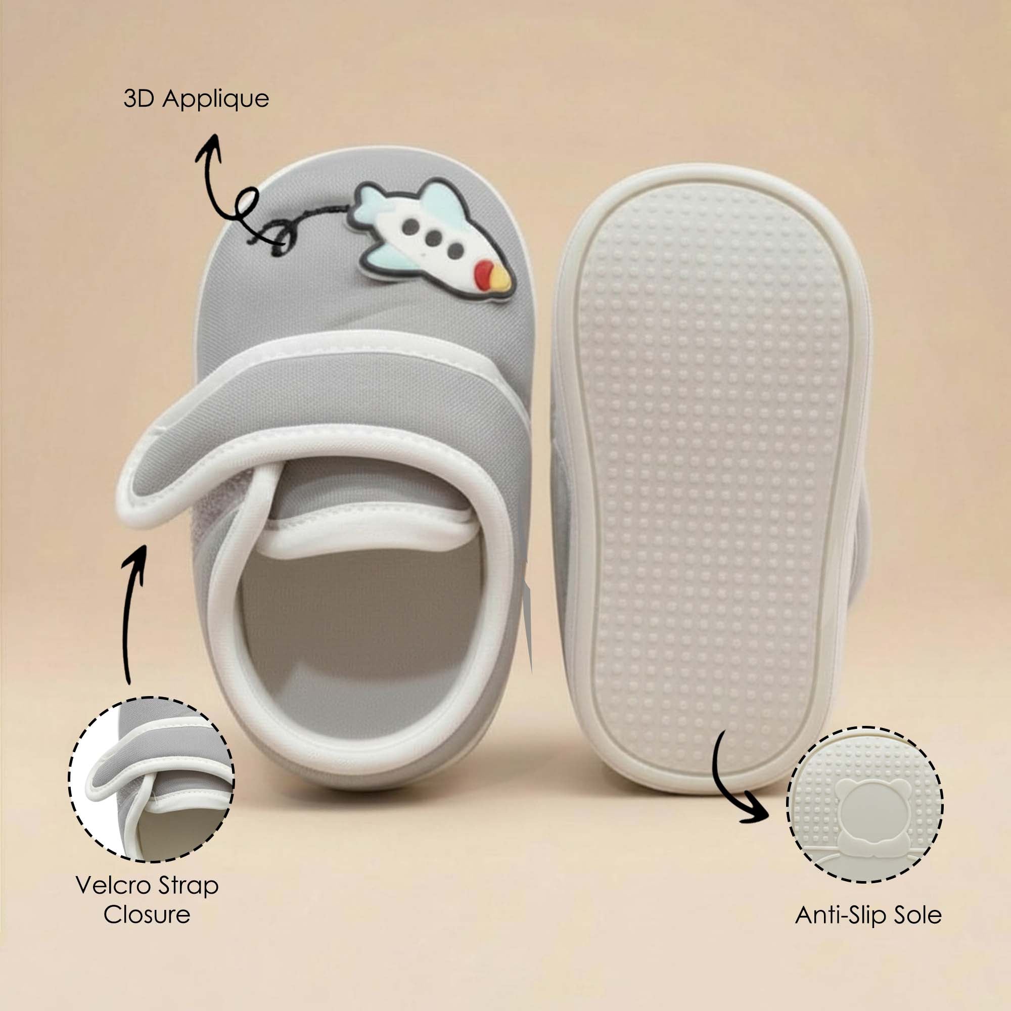 Baby Moo Aeroplane Velcro Strap Anti-Skid Sneakers Booties-Grey