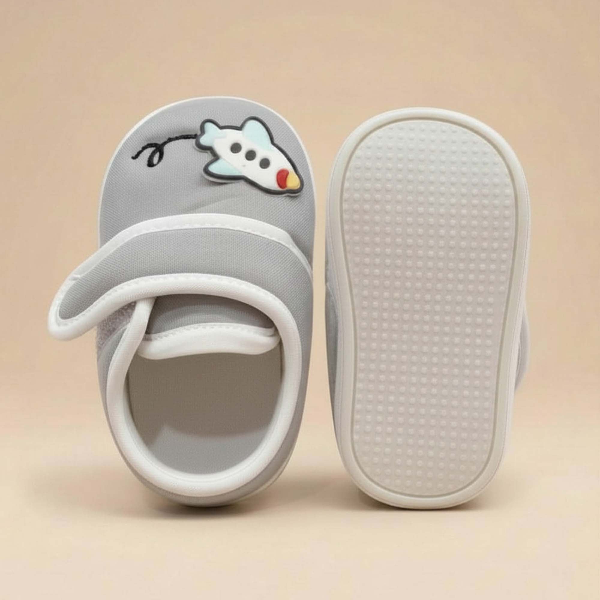 Baby Moo Aeroplane Velcro Strap Anti-Skid Sneakers Booties-Grey