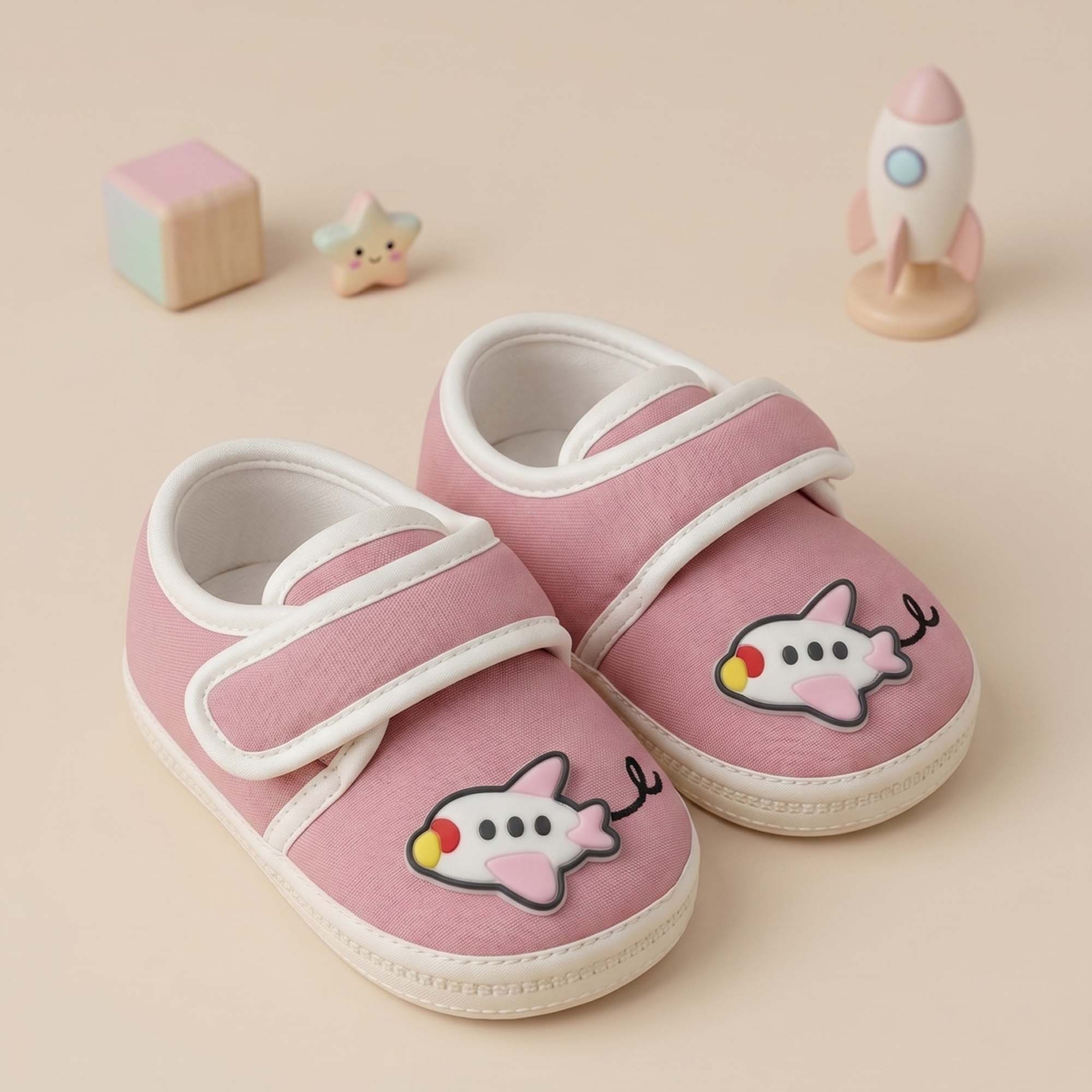 Baby Moo Aeroplane Velcro Strap Anti-Skid Sneakers Booties-Pink