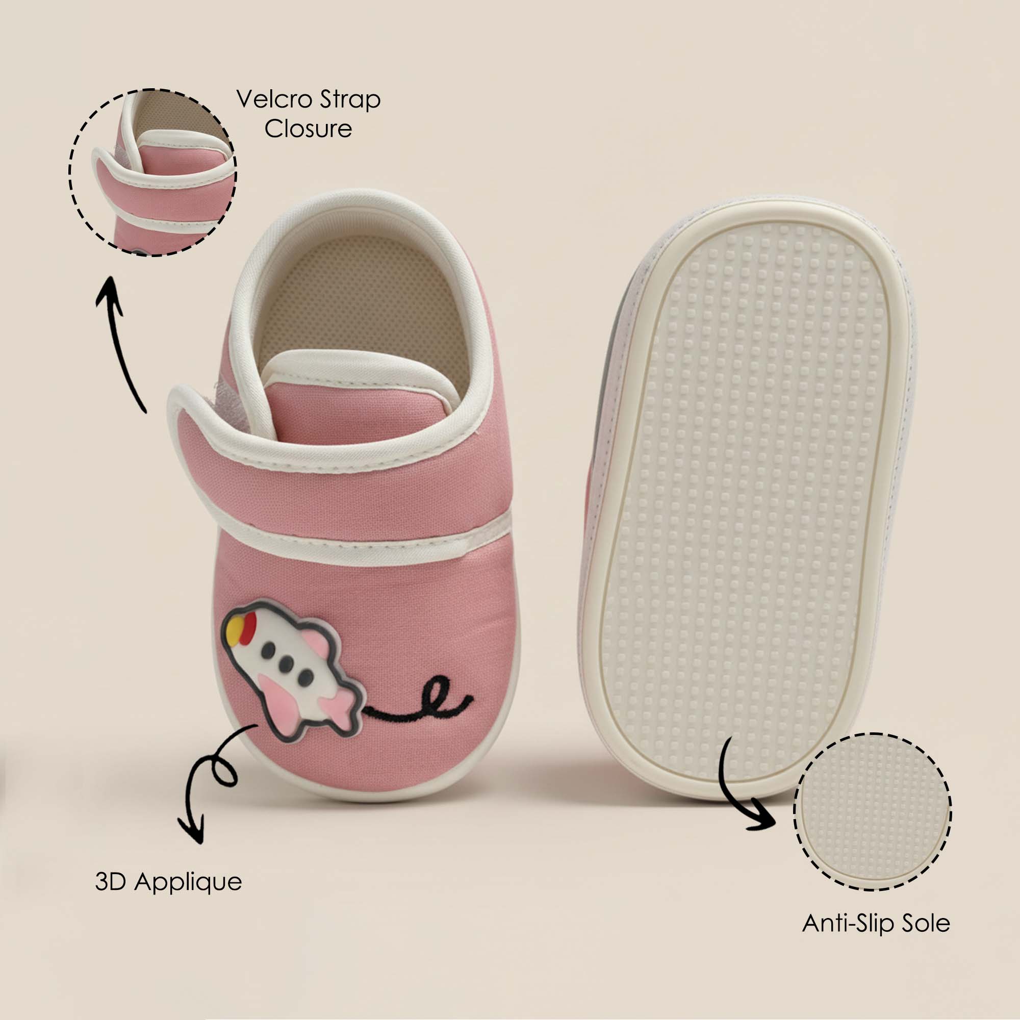 Baby Moo Aeroplane Velcro Strap Anti-Skid Sneakers Booties-Pink
