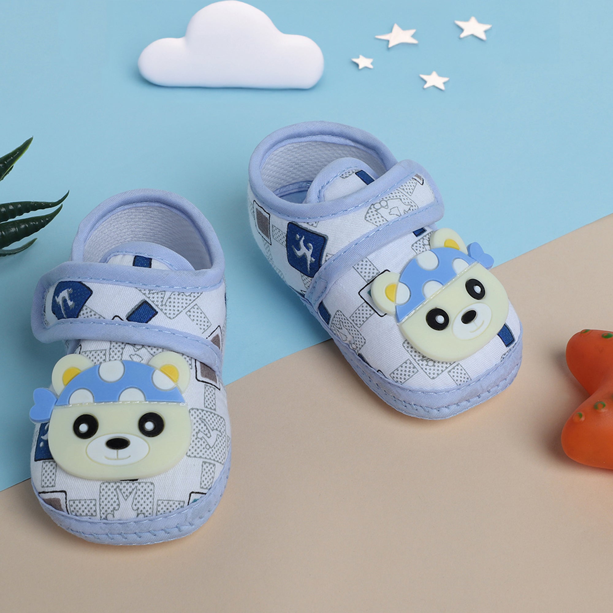 Baby Moo Cute Panda Velcro Strap Anti-Skid Fabric Sneaker Booties - Blue
