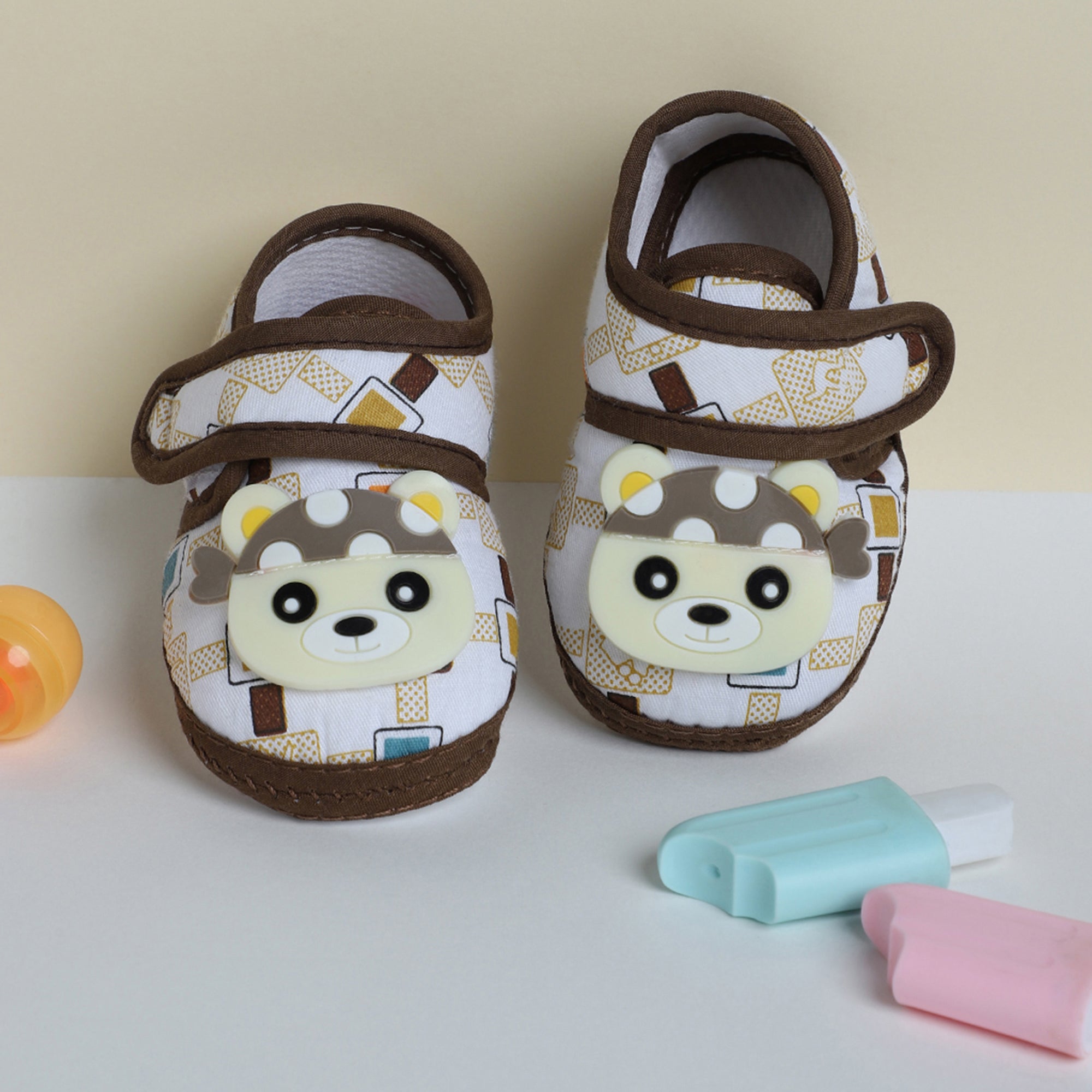 Baby Moo Cute Panda Velcro Strap Anti-Skid Fabric Sneaker Booties - Brown