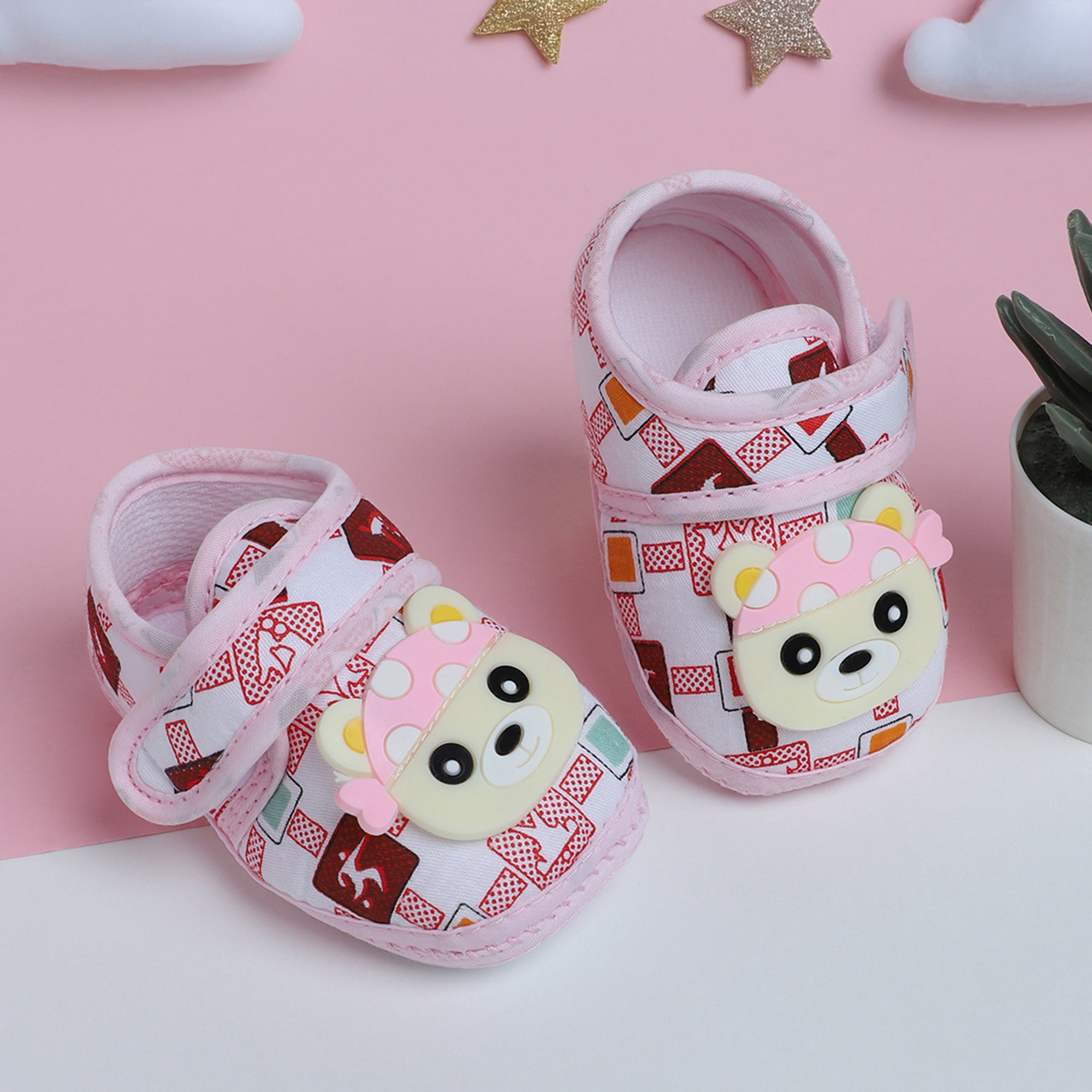 Baby Moo Cute Panda Velcro Strap Anti-Skid Fabric Sneaker Booties - Pink