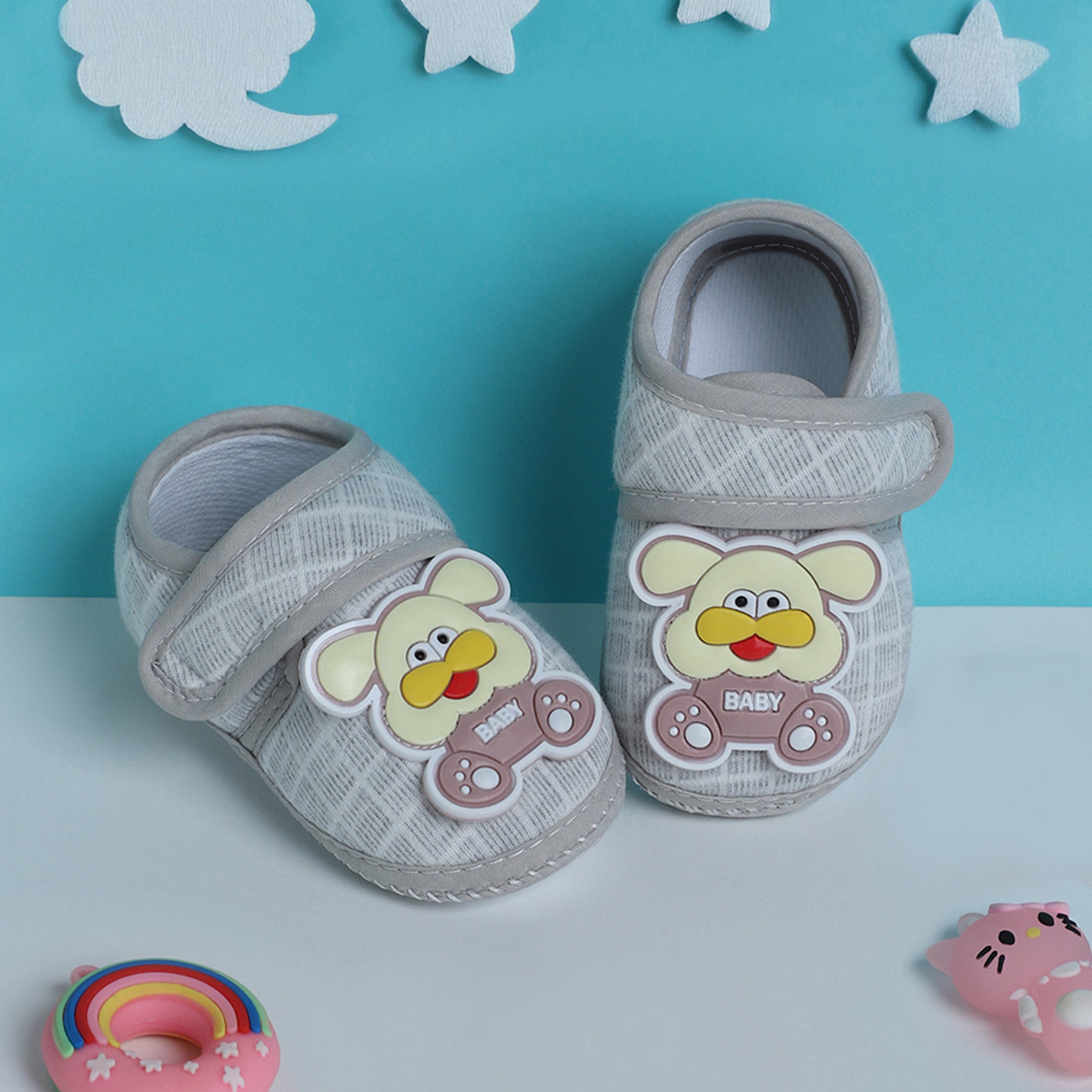 Baby Moo Dog Velcro Strap Anti-Skid Fabric Sneaker Booties - Grey