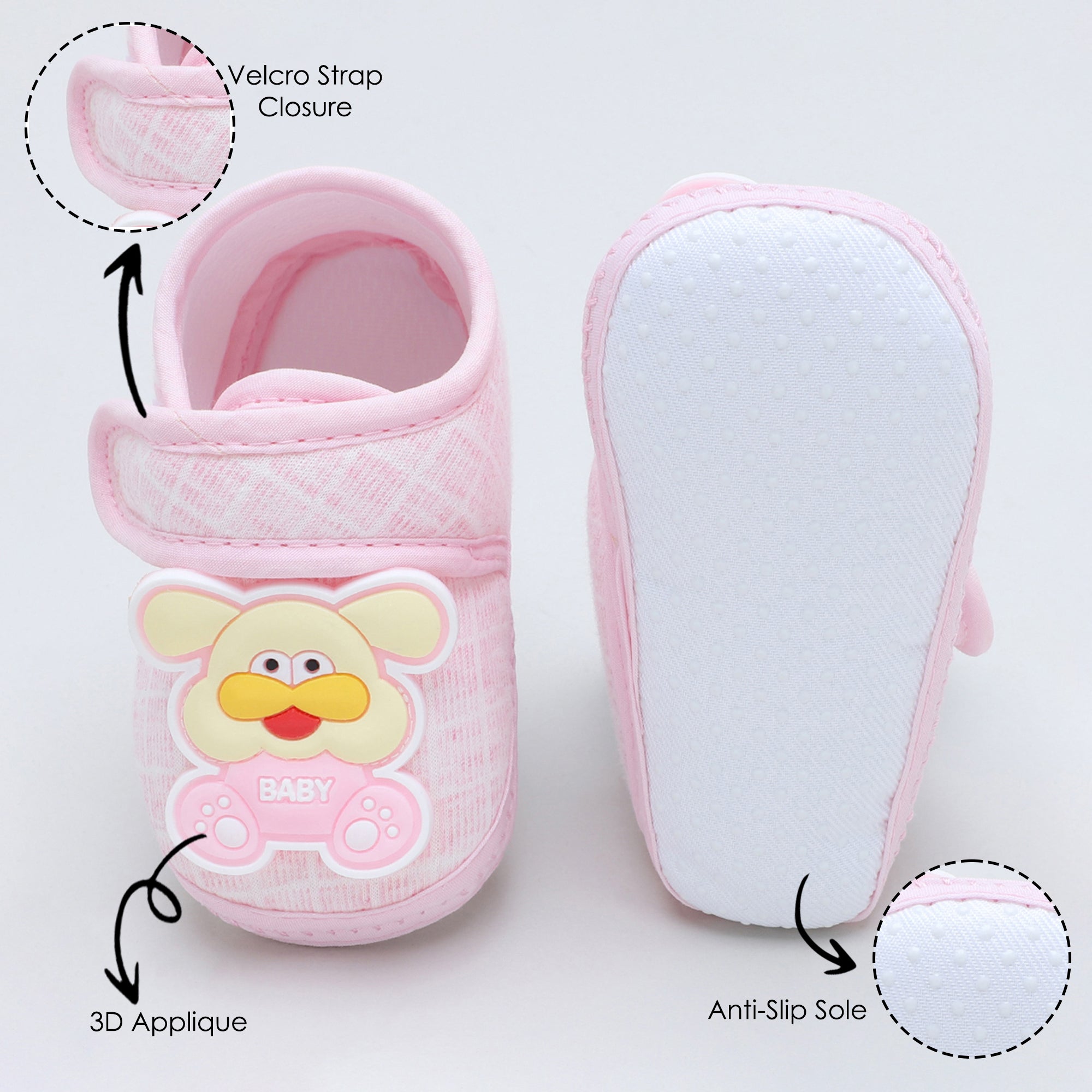 Baby Moo Dog Velcro Strap Anti-Skid Fabric Sneaker Booties - Pink